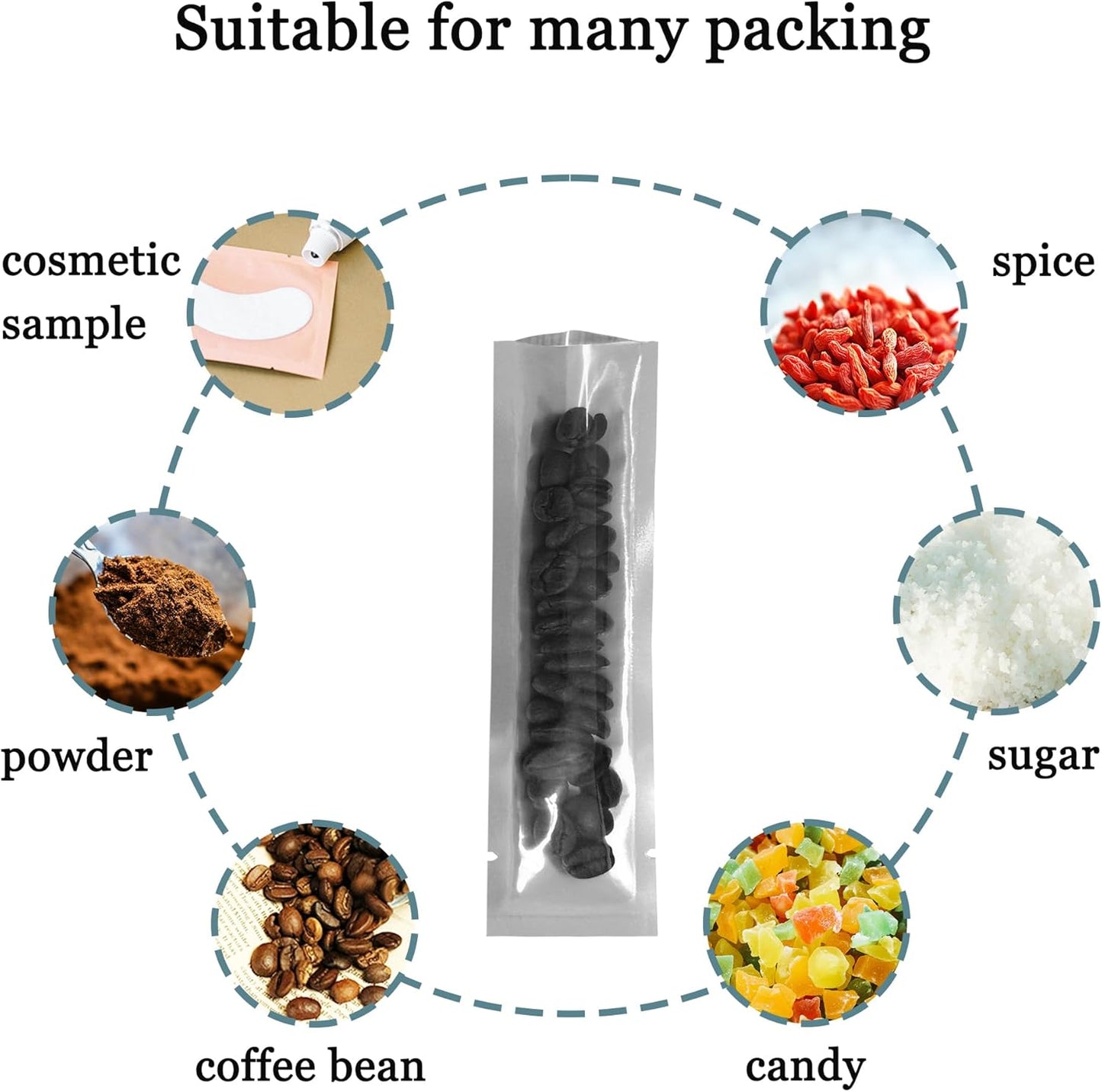 PABCK 100 Pcs 1.38x5.91 inch (inside size 0.98x5.51 inch) Clear Front Vacuum Heat Sealable Foil Bag Mylar Packets for Travel Sample Packaging Spice Candy Coffee Powder Food Storage Aluminum Foil Pouch
