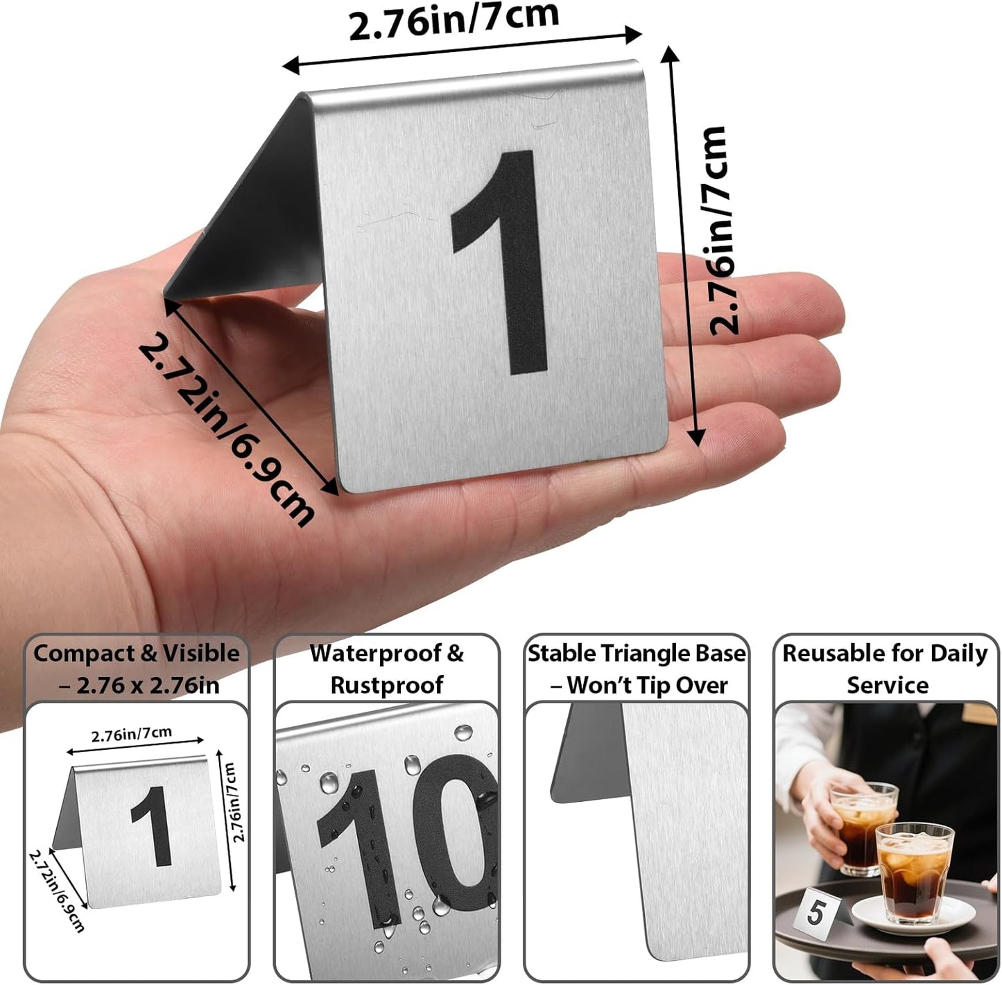 Stainless Steel Table Numbers 1-10, 2.76 x 2.76 Inch Tent Style Number Signs, Heavy-Duty Metal Table Number Cards for Restaurant, Cafe, Hotel, Large Clear Numbers, Waterproof and Rustproof