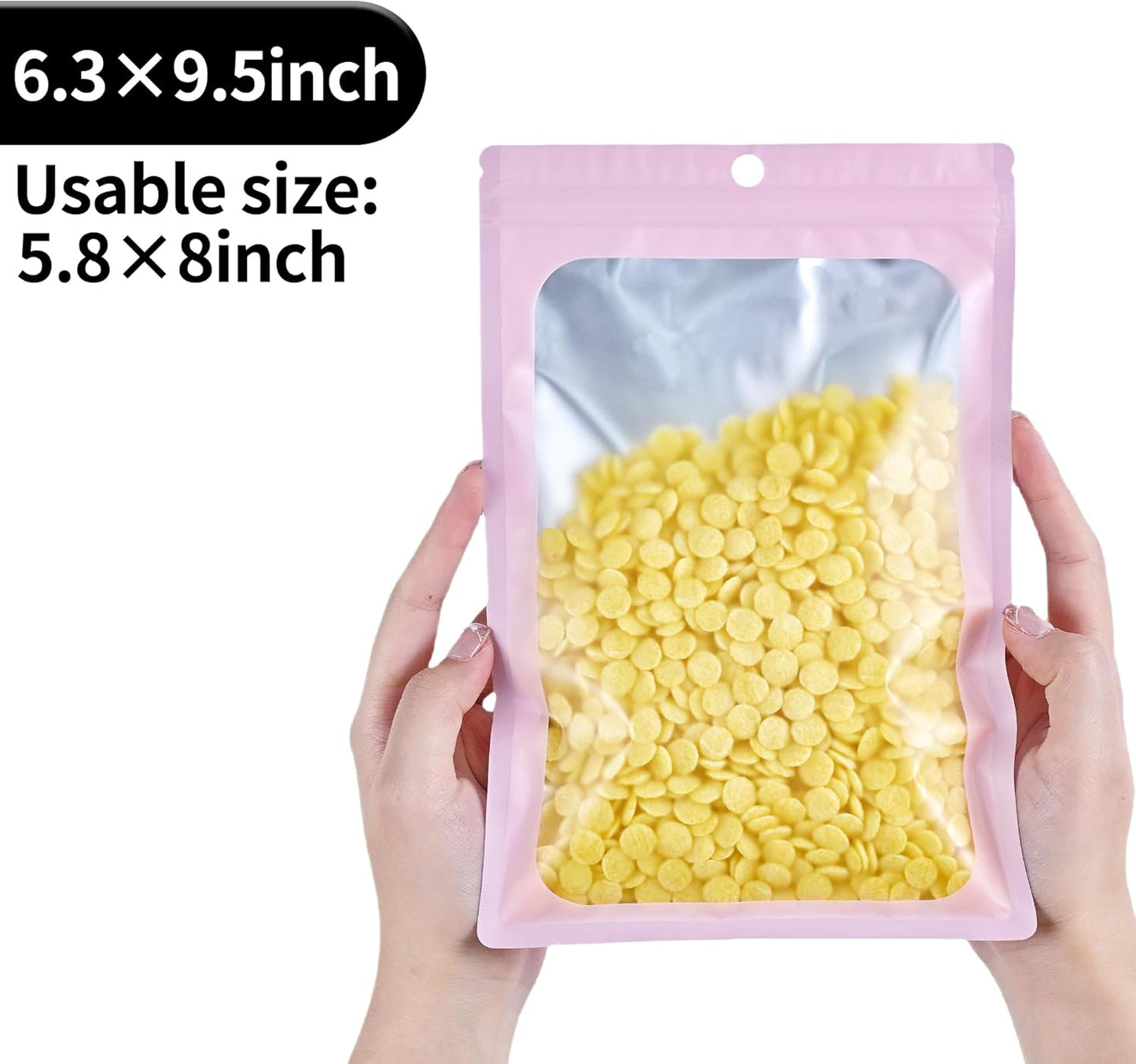 Resealable Mylar Pouch Bag Great for Office Home Party Favor Food Storage (100PCS, Pink Color, 6.3 x 9.5 inch)