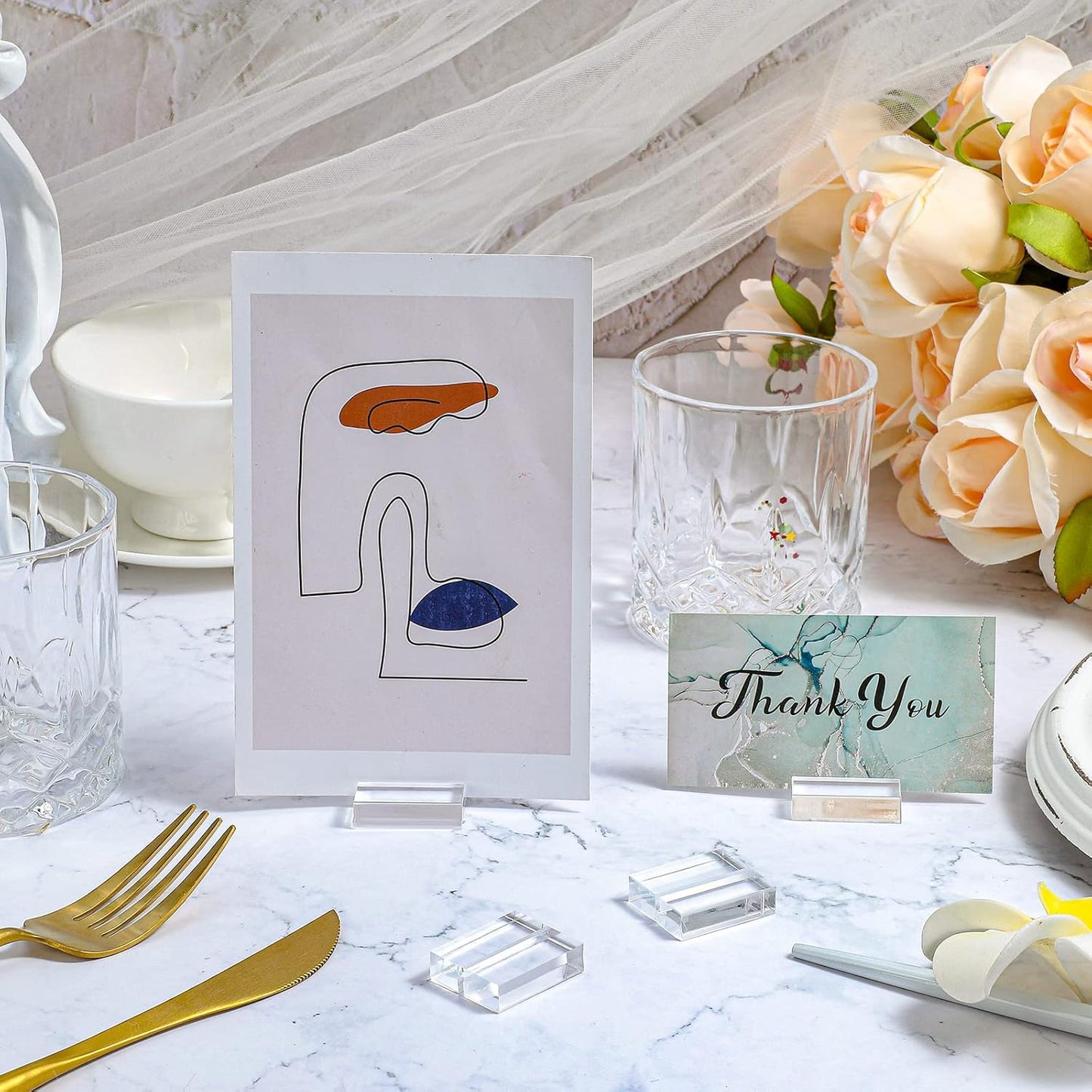Yalikop Acrylic Place Card Holders 1.2 Inch Name Card Holder Stands Clear Table Number Stands Wedding Sign Holders Display Stand for Table Wedding Photos Office Menu Meeting(12 Pieces)