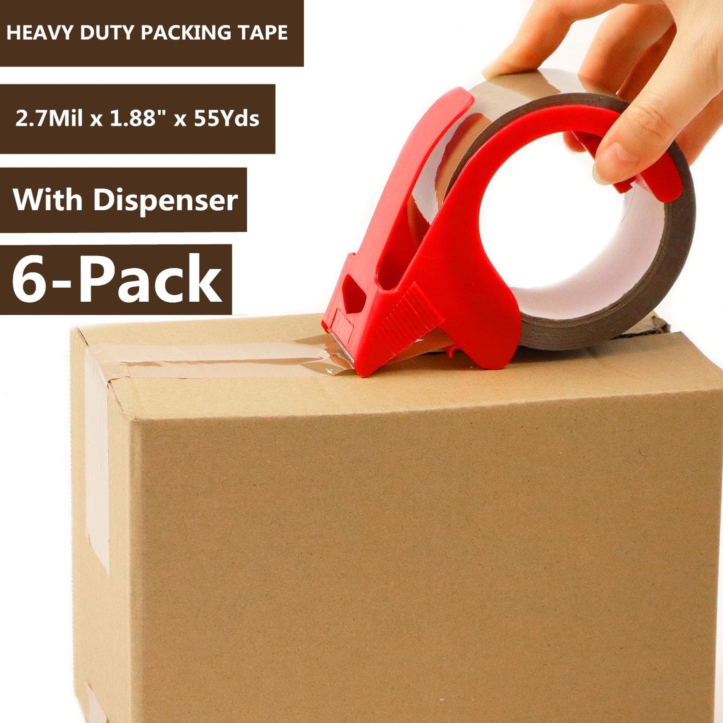 CHUANGSEED 6-Pack Brown Packing Tape with Dispenser-2.7mil x 1.88" x 55Y Heavy Duty Packing Tape for Moving Boxes-Moving Tape Strong Adhesive Packaging Tape