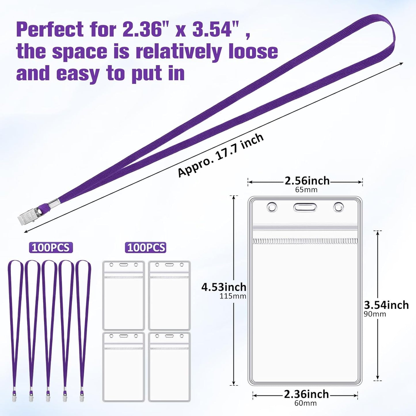 Marspark 200 Pcs Name Tag Lanyards with ID Holder Lanyards for ID Badges Resealable Flat Neck Name Tag with Clip Waterproof Plastic Clear Badges Bulk for School Office Supplies (Purple)