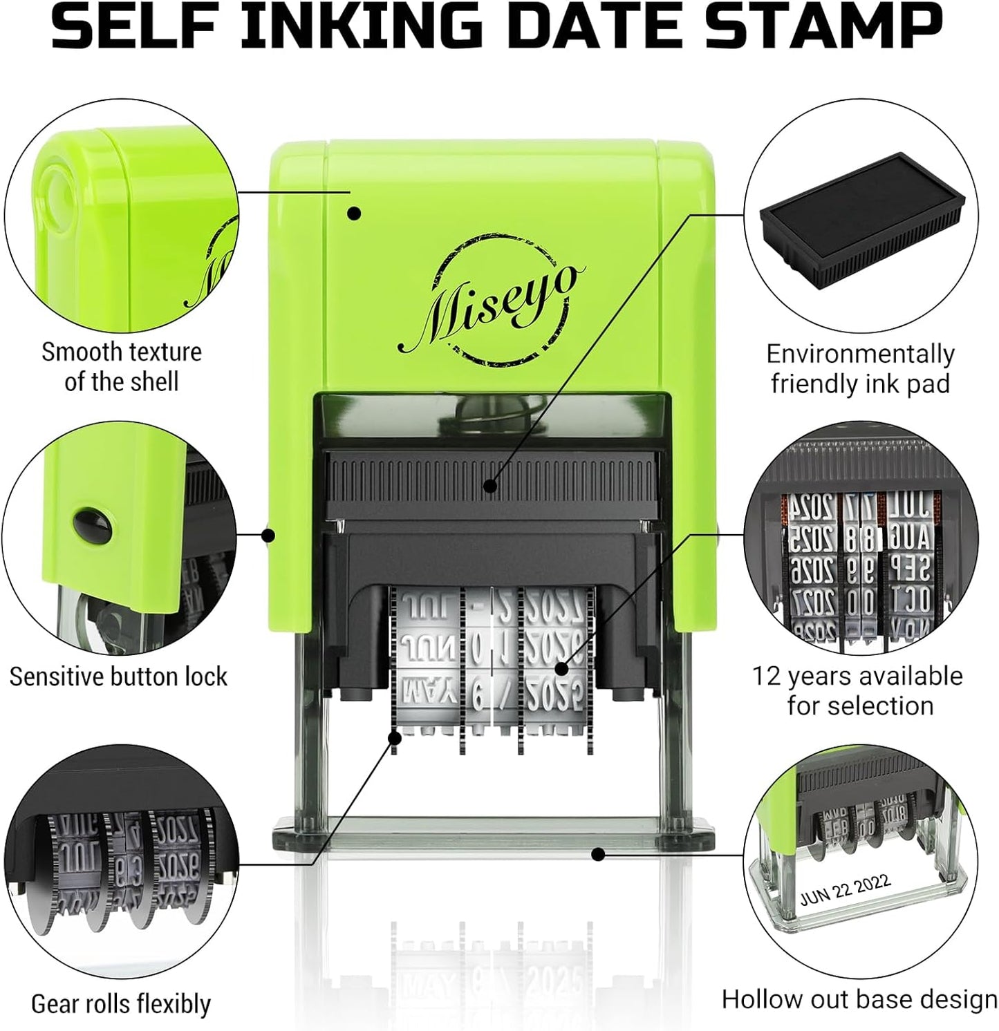 Miseyo Self Inking Date Stamp - Green (2 Black Refill Ink pad Included)