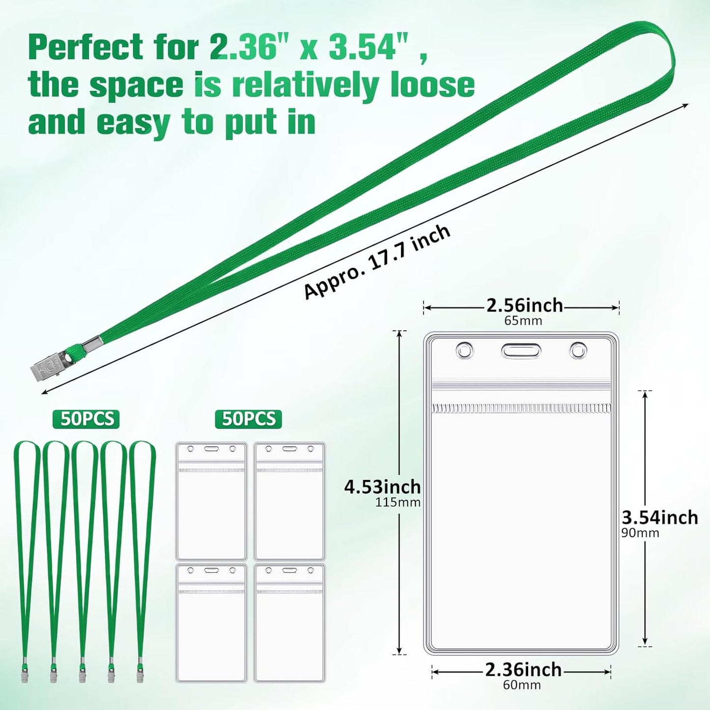 Marspark 100 Pcs Name Tag Lanyards with ID Holder Lanyards for ID Badges Resealable Flat Neck Name Tag with Clip Waterproof Plastic Clear Badges Bulk for School Office Supplies (Dark Green)