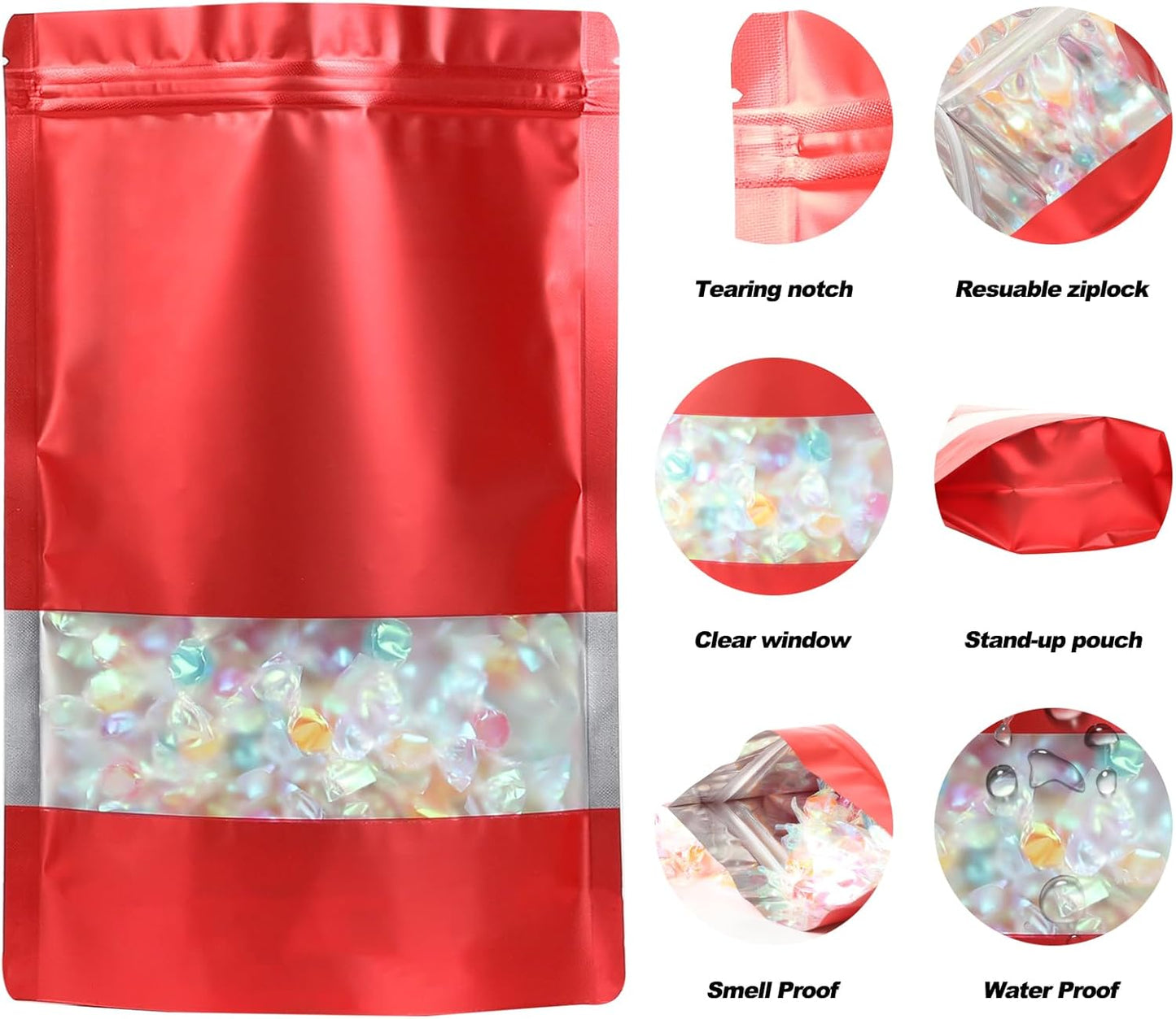 100 Pack Smell Proof Bags, Resealable Mylar Bags with Matte Window, Foil Pouch Stand-up Bags for Food Self Sealing Storage, Scratch Resistant Hand Storage Bags.(Red, 5.9×8.6 Inch)
