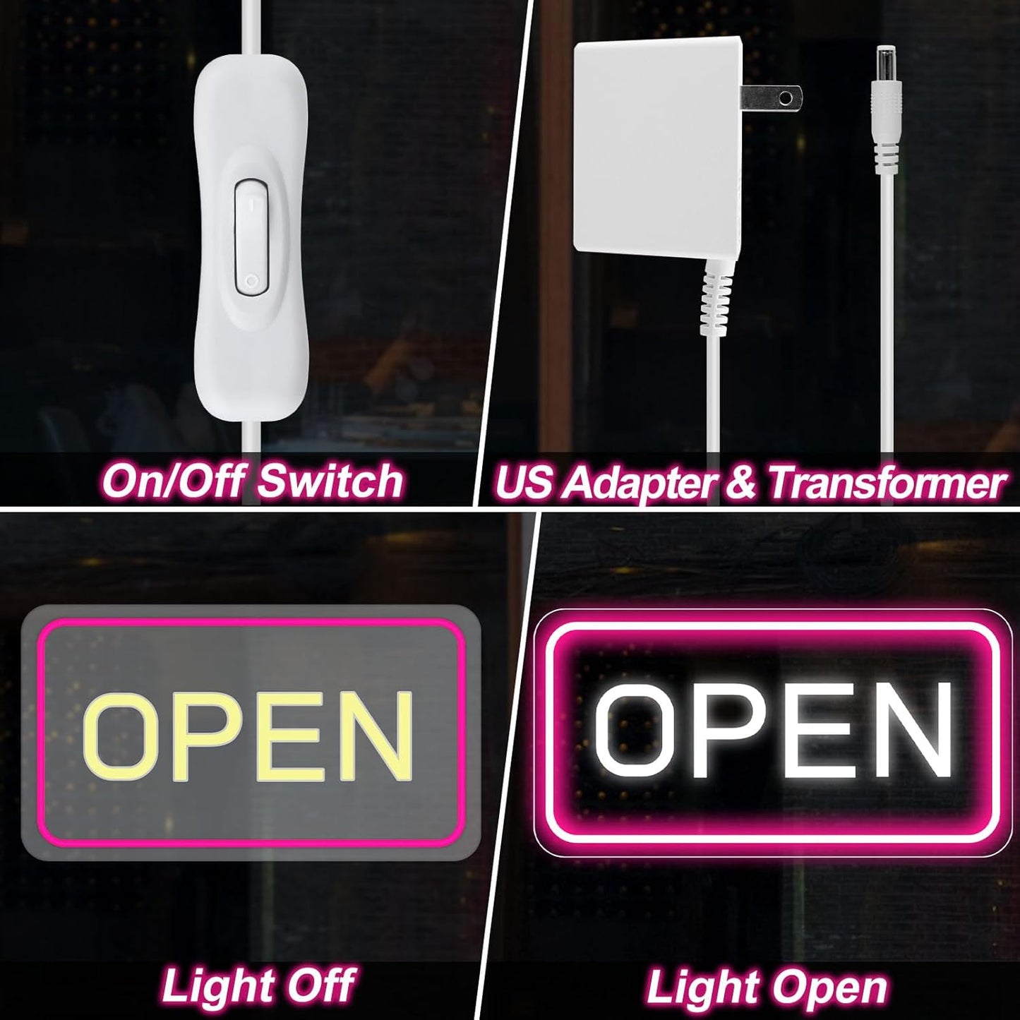 Neon Open Sign - 16''x 9'' LED Sign, Super Bright Pink & White Neon Light, ON/OFF Switch & Adapter, Perfect for Window, Party, Wall, Door, Coffee, Salon, Club, Hotel