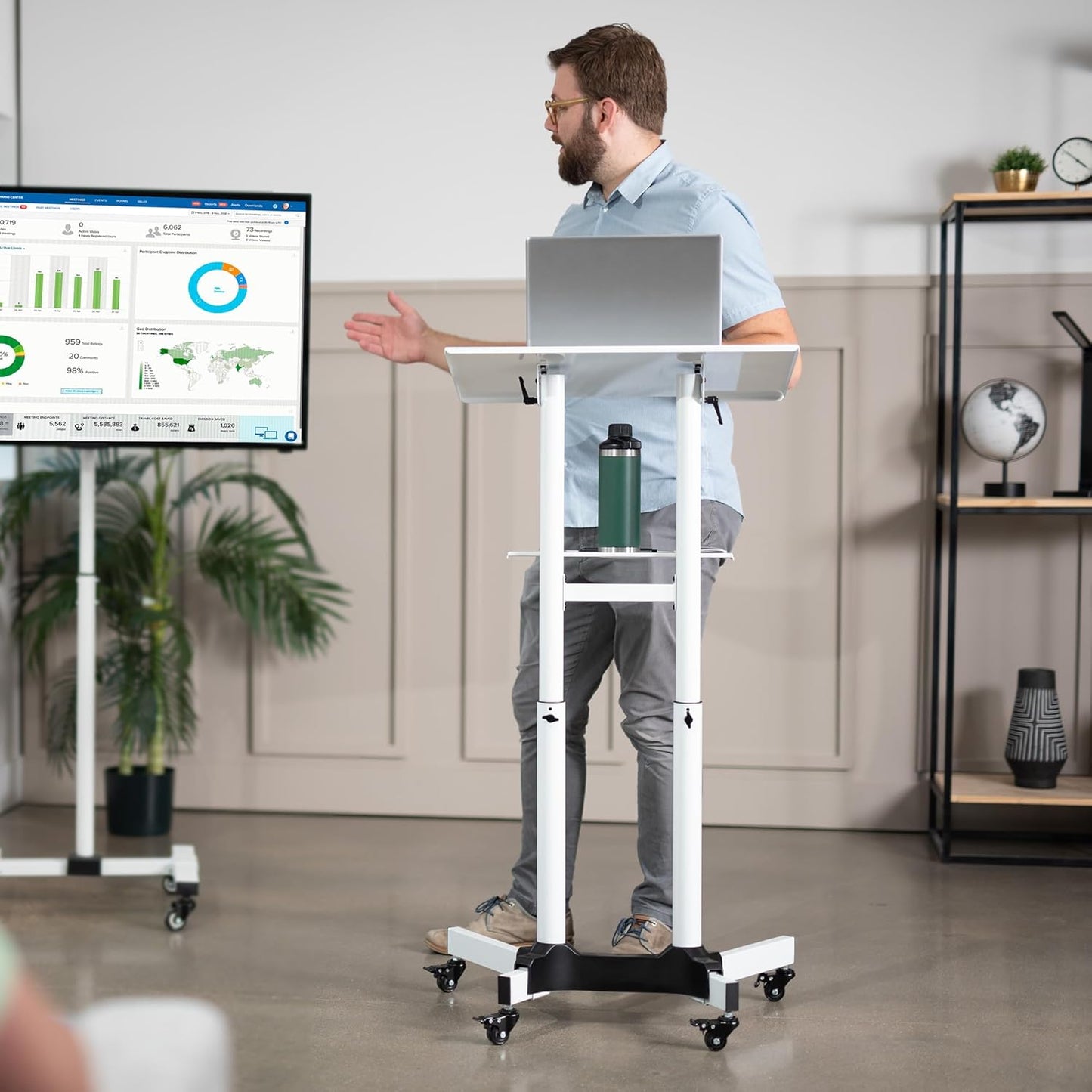 VIVO Mobile 24 x 16 inch Lectern Podium, Height Adjustable Steel Rolling Laptop Cart on Wheels, White, CART-V03W