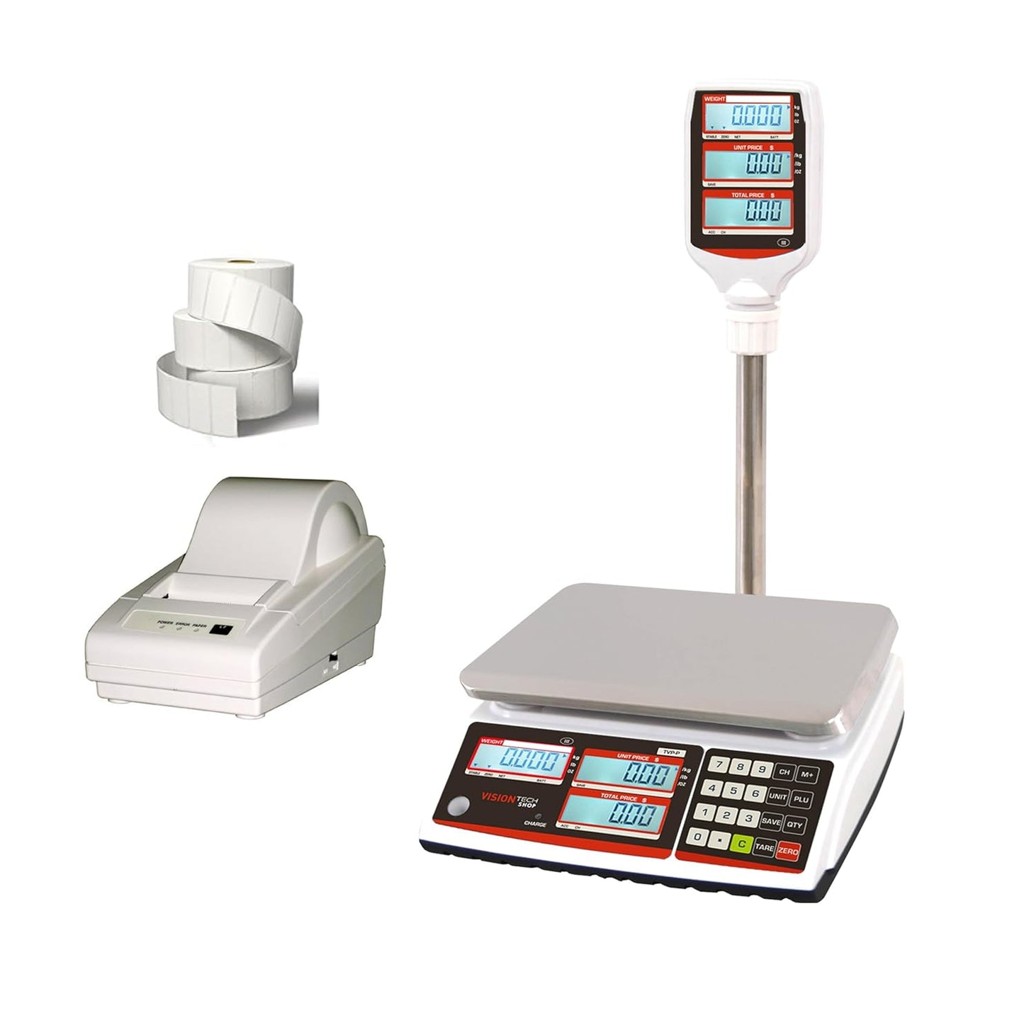VisionTechShop TVP-60P Price Computing Scale with Pole Display, Lb/Oz/Kg, 60lb Capacity, 0.01lb Readability, NTEP, NSF Certified, LP-50 Thermal Label Printer, 1 Case of Labels LST8060