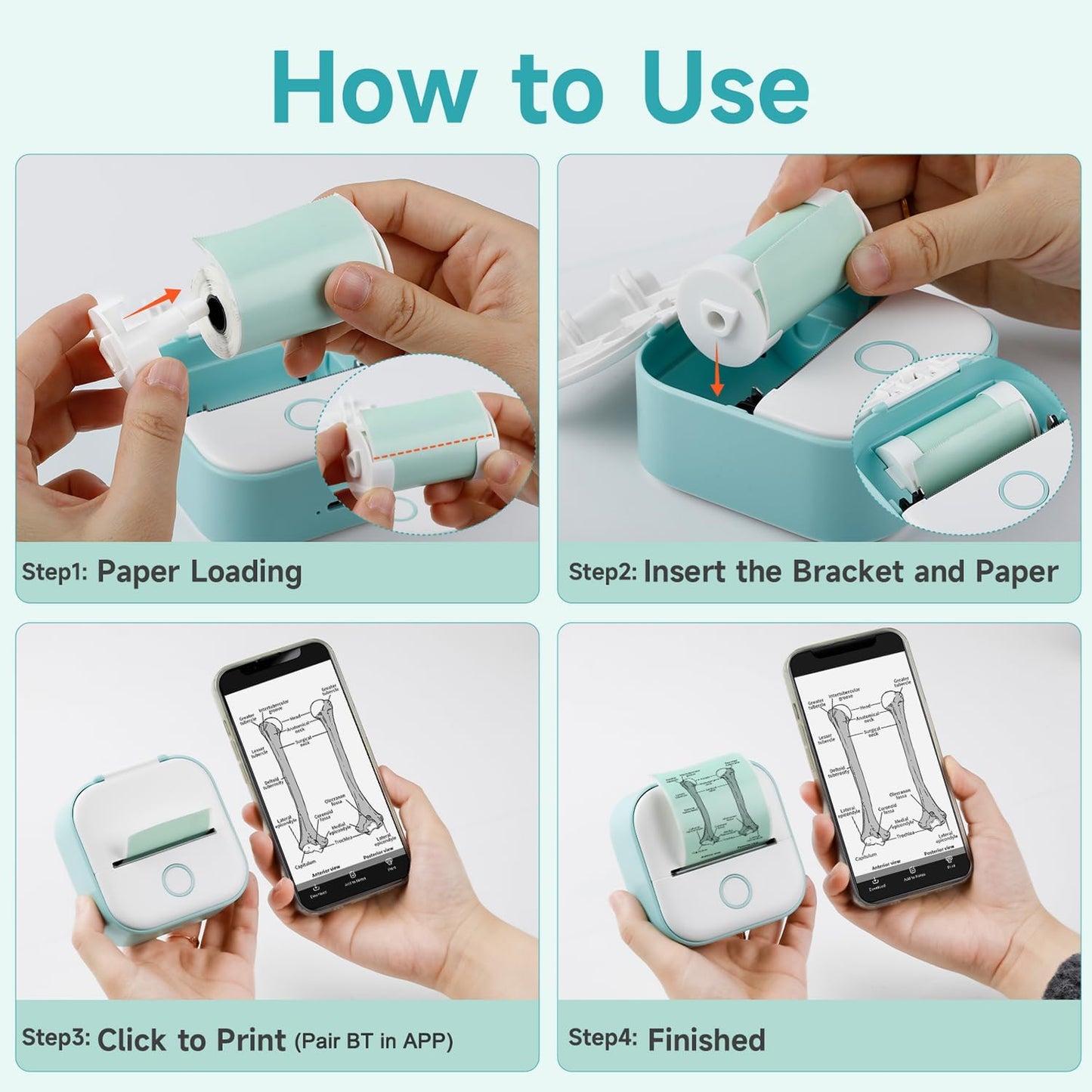 Memoking Sticker Printer - Mini Thermal Sticker Printer, T02 Inkless Pocket Label Maker, Bluetooth Portable Photo Printer, Instant Print Perfect for Students School Supplies,Flashcards, Journals