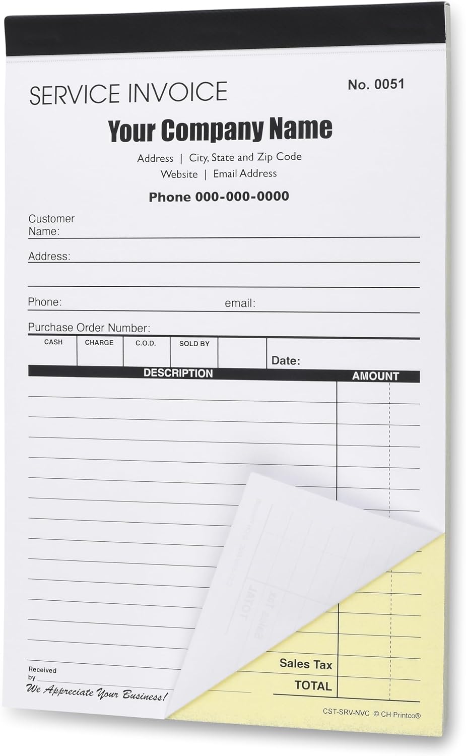 Custom Service Invoice Carbonless Form with Your Company Name - 2 Books (100 Sets) Numbered