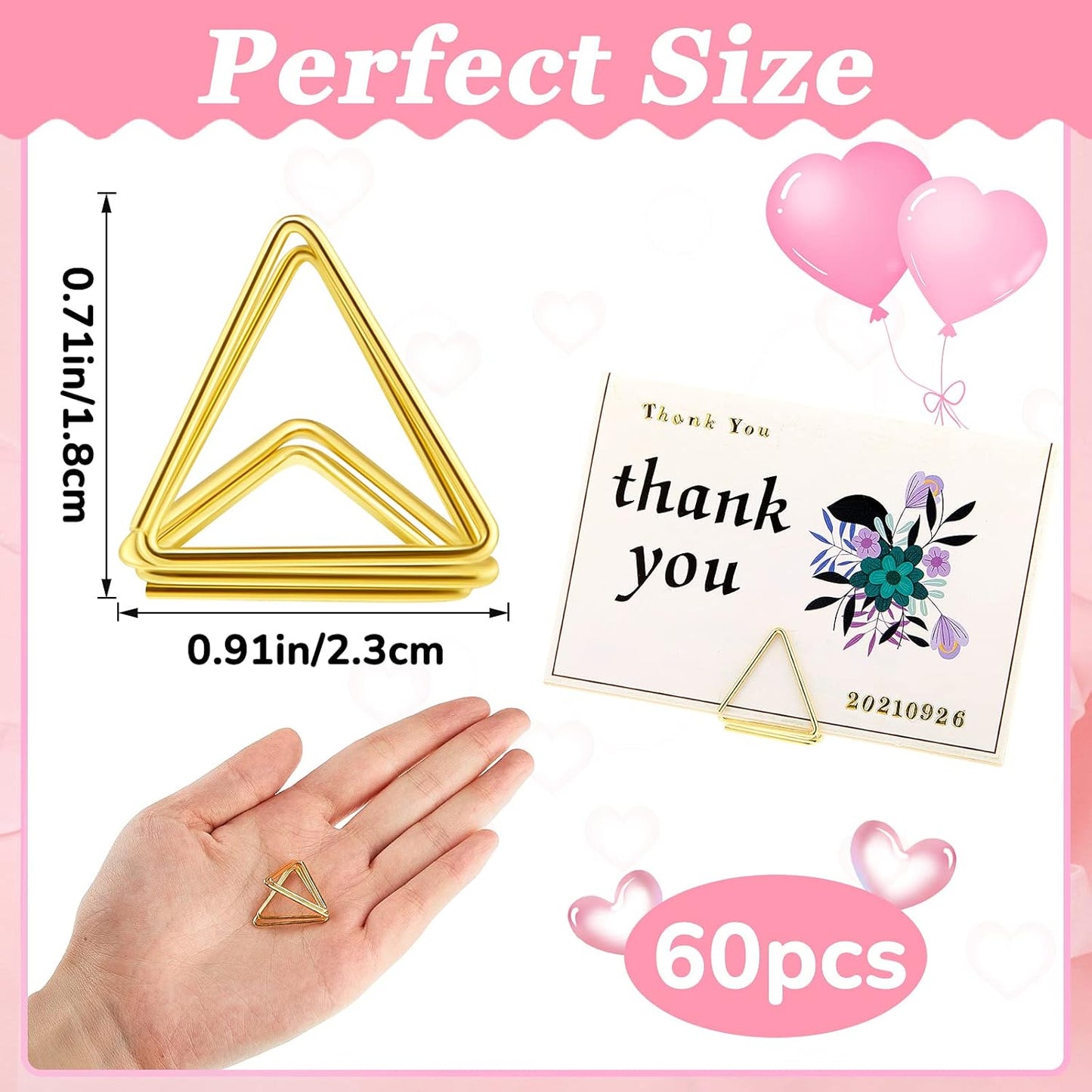 Eersida 60 Pieces Table Number Holder Place Samll Triangle Shape Name Numbers Table Photo Picture Holder Stand Clip for Wedding Baby Shower Party, Suitable for Small Card(Gold)