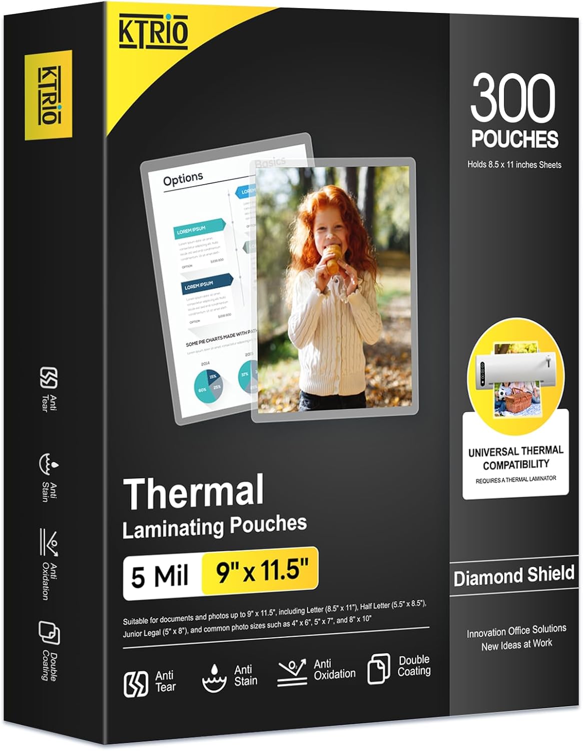KTRIO Laminating Sheets 5 Mil, Hold 8.5 x 11 inches Sheet, 300 Pack, Clear Thermal Laminate Pouches for Laminator, 9 x 11.5 inches Lamination Sheets for School, Home & Office