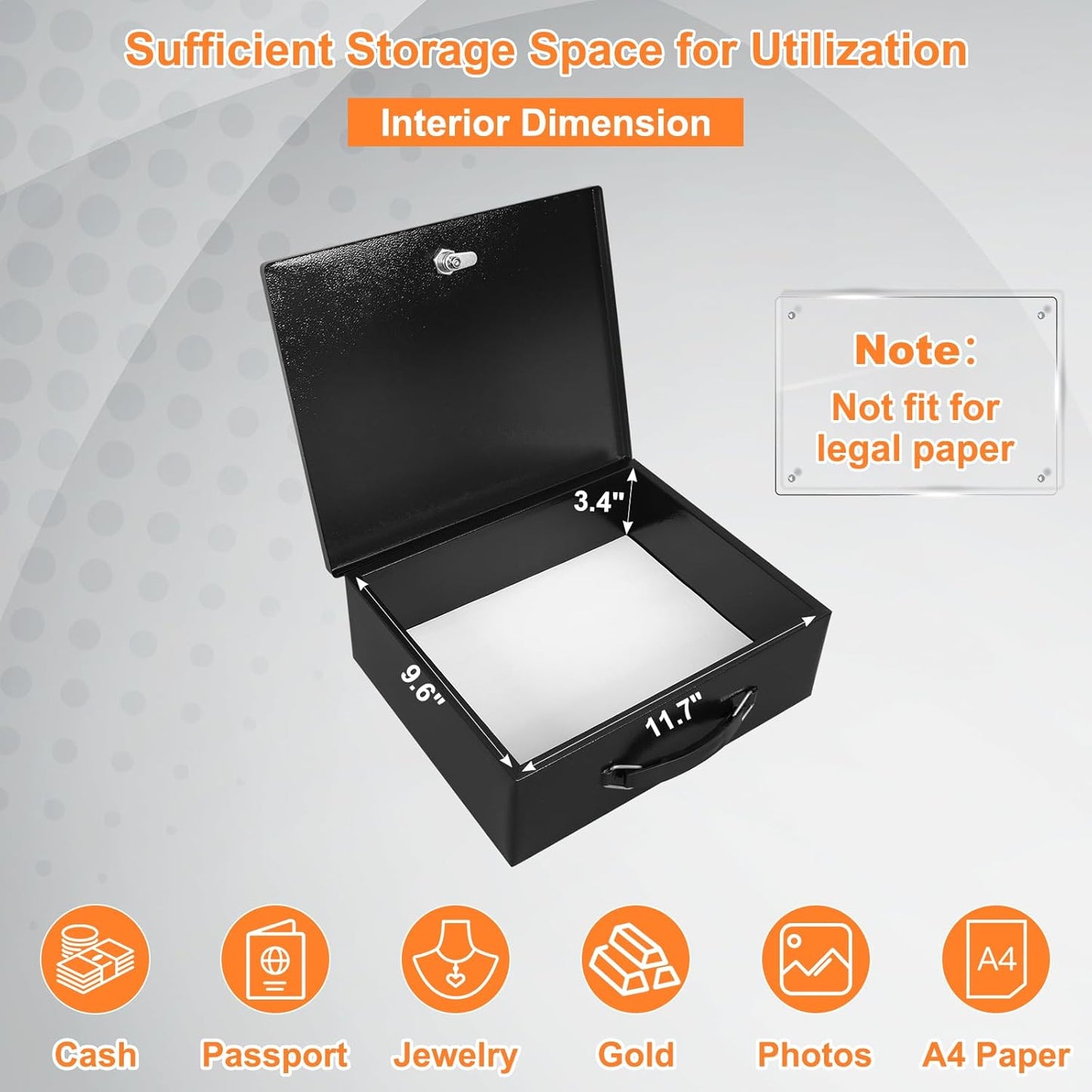 KYODOLED Fireproof Document Box with Key Lock, Large Safe Storage Box for Valuables, Fire Resistance Security Chest, Lock Box for Passport, Cash, Tablet 12.9'' x 10.7'' x 4.2'' Black