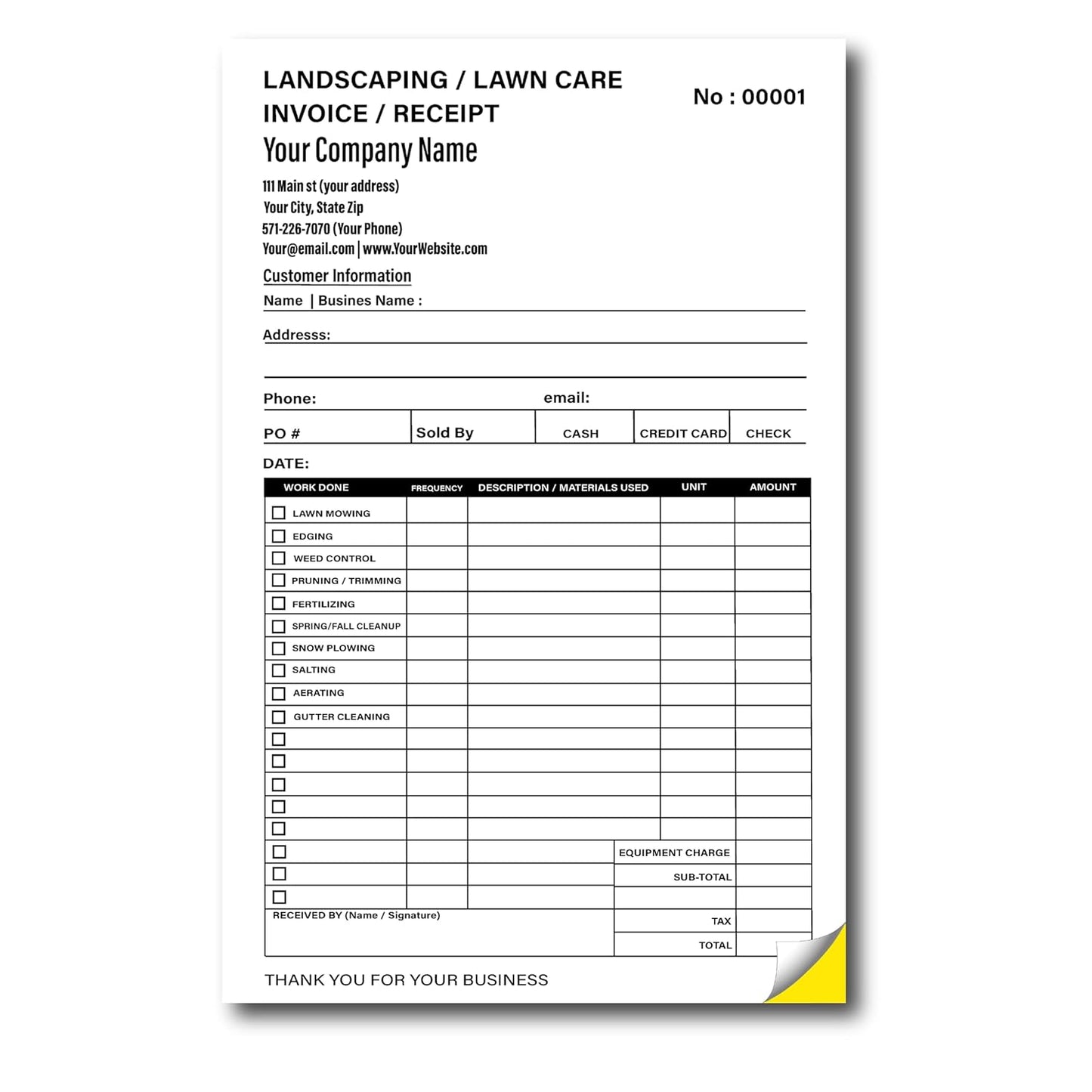 Lawn Care Invoice Form Custom Printed with Your Company Information - Personalized Landscaping Ticket - Invoice Receipt - Carbonless 2 PART NCR form