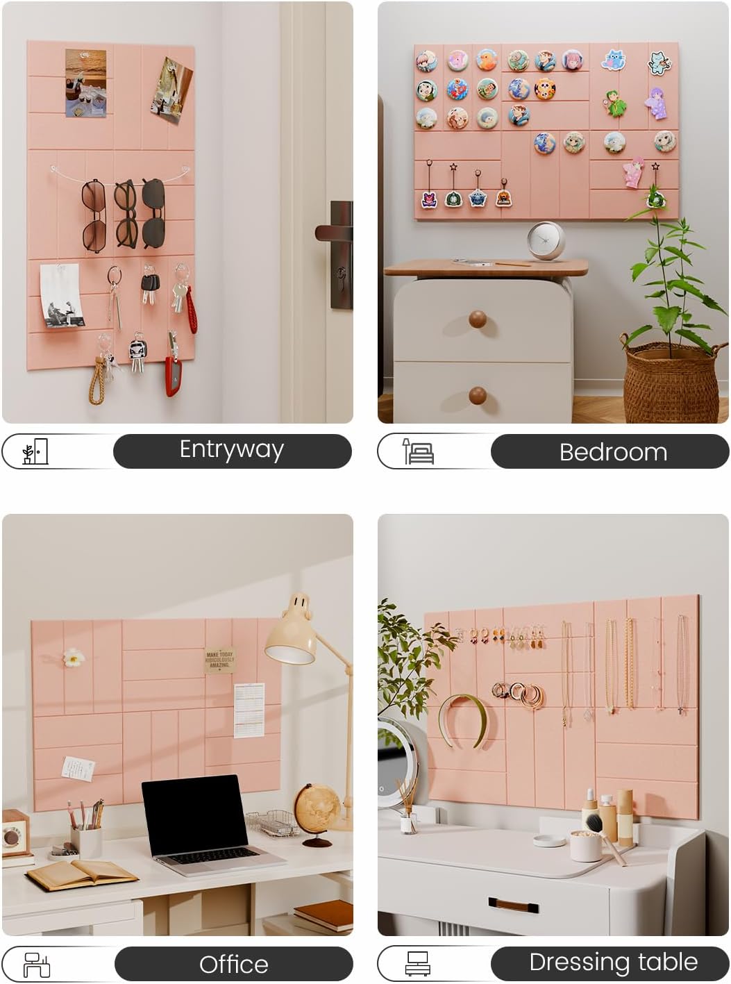 Felt Bulletin Board Tiles -28"x18" with 40 Adhesive Tabs, Cork Board Alternative for Office Decor, Push Pin Board Wall Organizer 6-Pack(Pink)