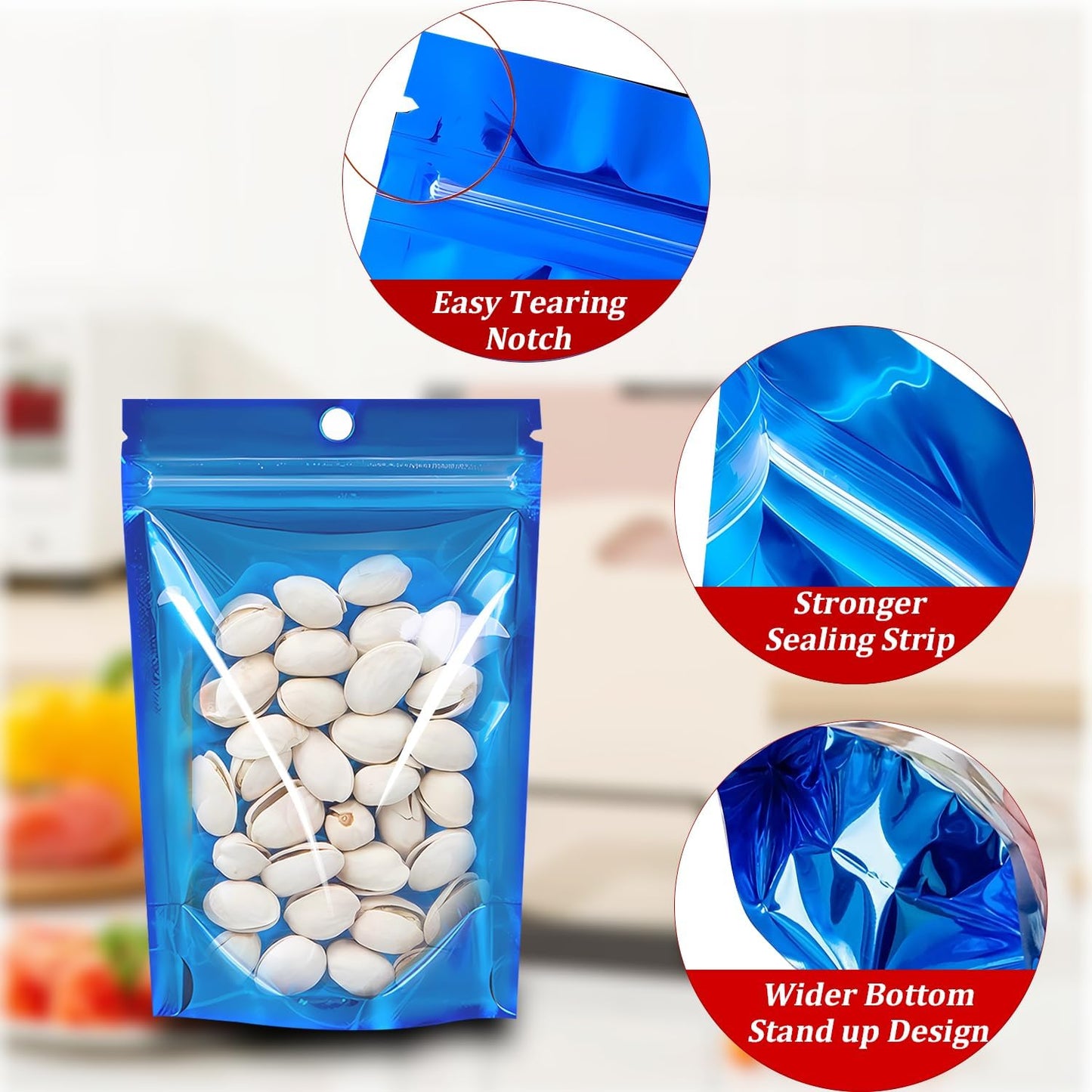 100 PCS Smell Proof Mylar Bags, Resealable Packaging Sealable Bags Stand Up Aluminum Foil Pouch Bags with Clear Window for Food Storage, Jewelry,Cookie,Small Business Packaging (Blue, 7 x 10 Inch)
