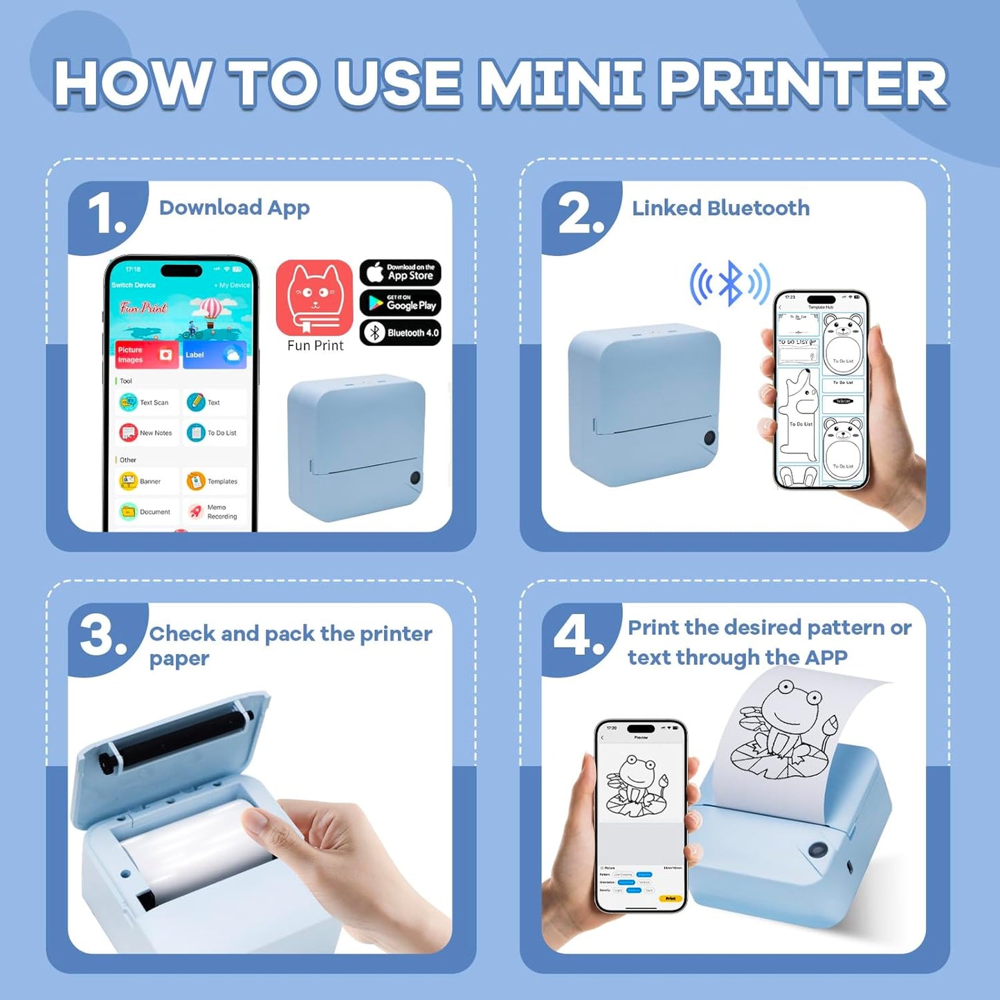 Portable Mini Thermal Printer, Pocket Sticker Maker for Kids Cute Bluetooth Phone Printer with 2 Rolls Paper for Study Graphics, Notes, Fun, DIY, Compatible with Phone or Tablet