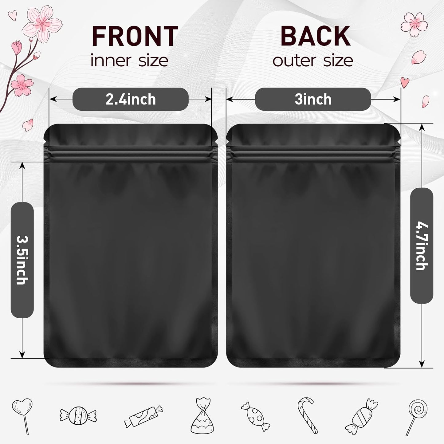 Funfery 100 Pack Black Mylar Packaging Bags Resealable Bags Double Sided Color Odor Proof Pouch Baggies Smell Proof Foil Bag for Food Storage,Small Business(Black,3x4inch)
