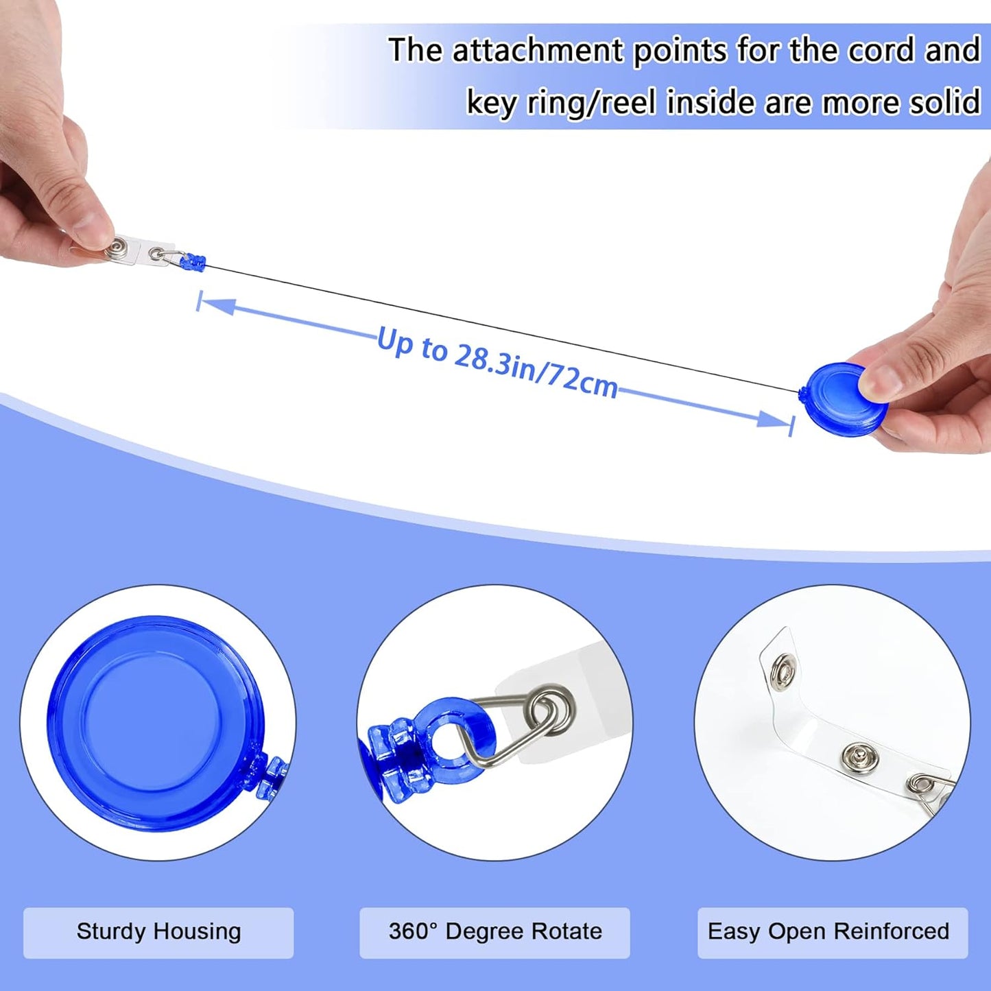 JANYUN 100 Pcs Badge Reels Retractable Badges Holder for ID Card Keychain Whistles Lanyards for School Office (Blue)