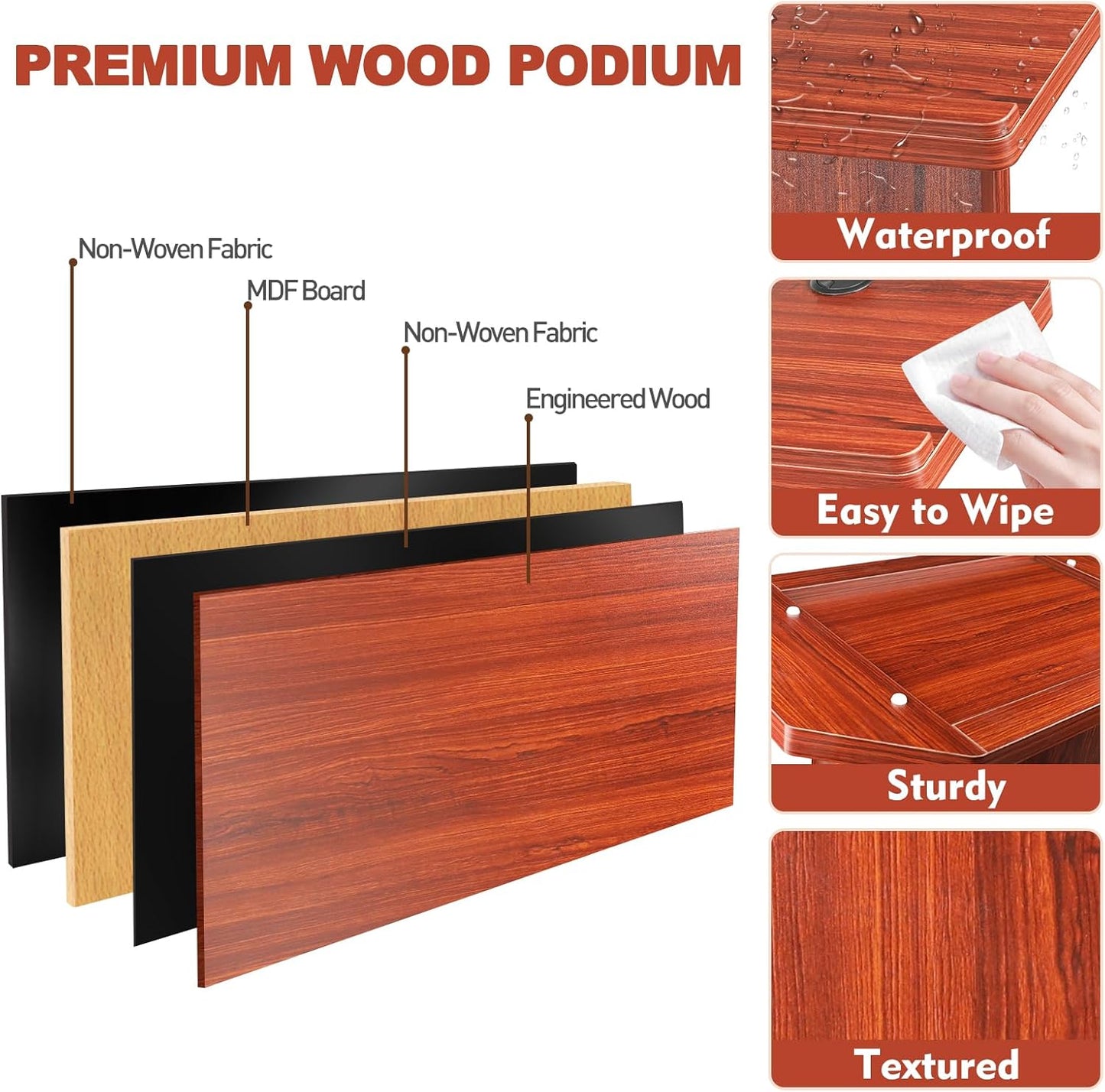 Wood Podium Stand withLarge 2-Tier Shelve, 49" Wooden Lectern with Reserved Wire Hole, Wooden Standing Pulpit with Reading Platfor for Church Office School Home Conference Restaurant Meeting