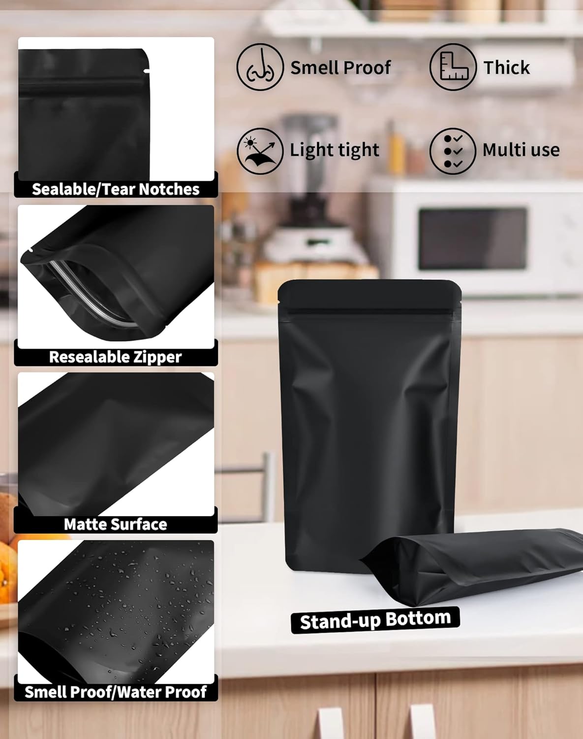 100 Pack Resealable Stand Up Bags,4.7" x 7.9" Smell Proof Pouch Sealable Foil Pouch Bags for Packaging (Black)