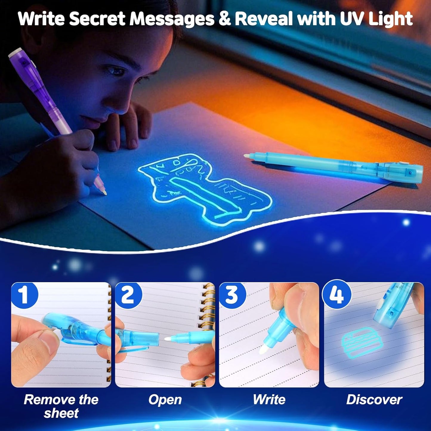 70PCS Invisible Ink Pens with UV Light – 7 Colors Spy Pens for Secret Messages – Fun Party Favors, Halloween, Christmas, Stocking Stuffers, Treasure Hunt, Classroom & Birthday Gifts