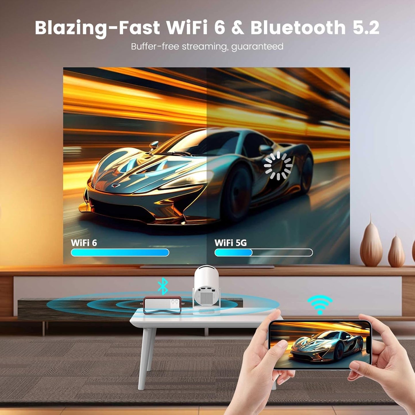 Mini Projector with WiFi and Bluetooth | 4K 1080P 170 ANSI Auto Keystone Correction | 210° Rotatable Portable Projector | 25"-110" Screen Video Projector for Smartphone/Laptop/PC HY300Ultra