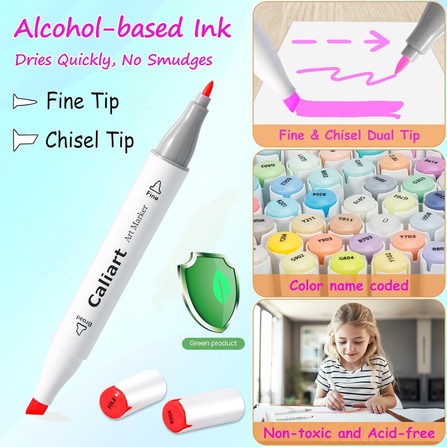 Caliart Alcohol Based Markers, 121 Colors Dual Tip Art Marker Set, Permanent Colored Pens for Adults Coloring Book Artists Illustration Sketch Halloween Decorations Gift Drawing Supplies Kit