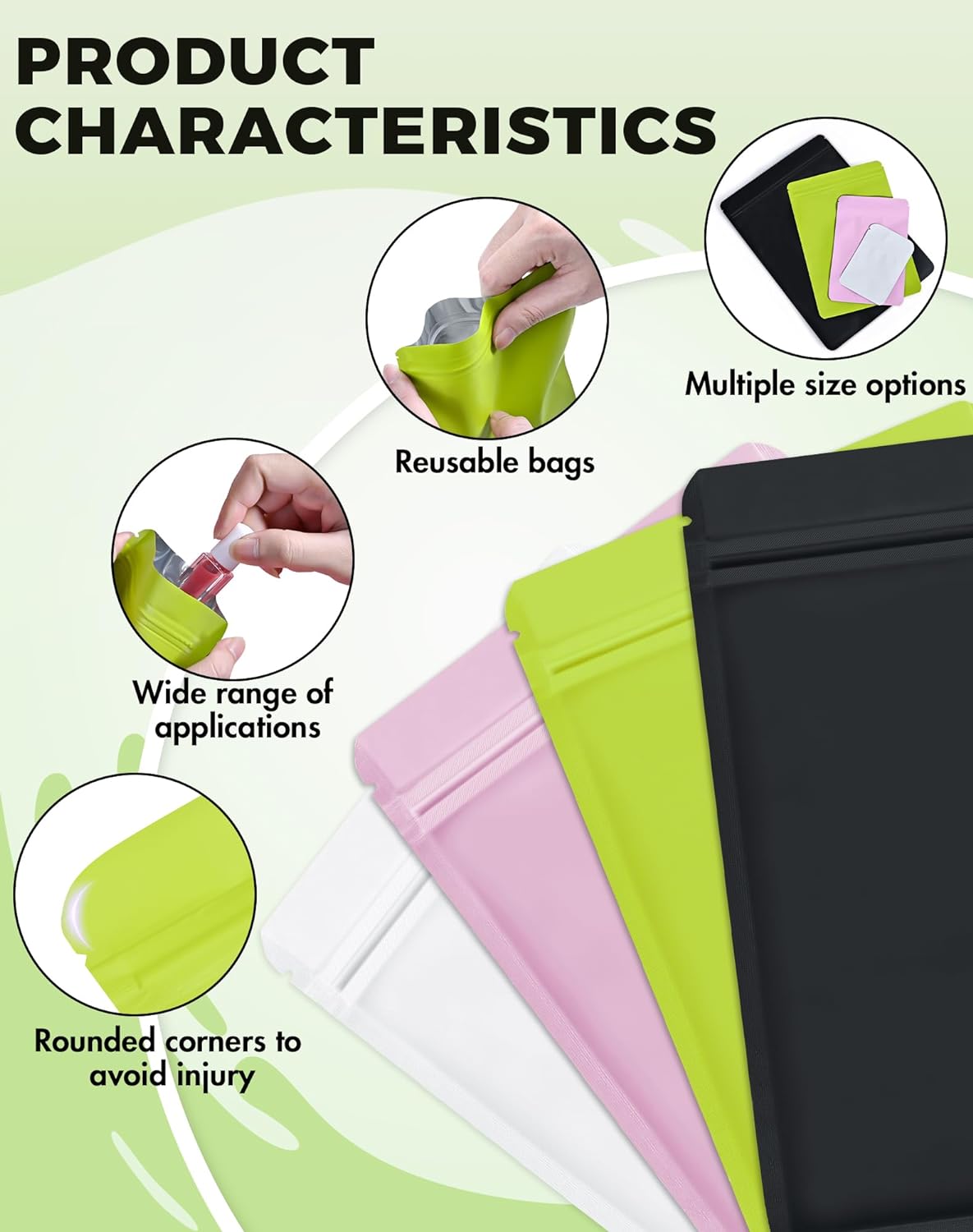FireKylin 100 Pack Resealable Packaging Bags for Small Business Double-Sided Color Smell Proof Bags for Food Storage Flat Bags (Green, 4.7" x 7.1")