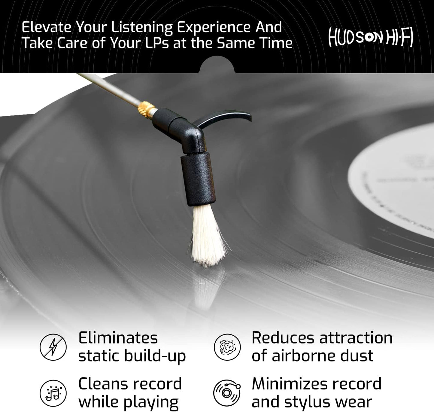 Hudson Hi-Fi Anti-Static Cleaning Arm - Adjustable, Universal Fit - Defy Damage, Perfect Playback - AutoMagically Cleans as LP Plays to Remove Dust & Static, End Needle Skipping, Popping
