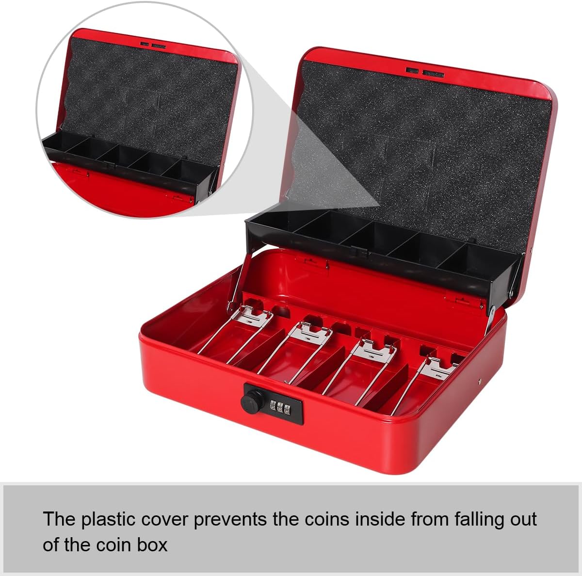 Jssmst Cash Box with Money Tray and Lock - Red Cash Box with Combination Lock Safe Money Box Large, Locking Cash Register Drawer Box, 11.8'' x 9.5'' x 3.5'', SM-CB005RED