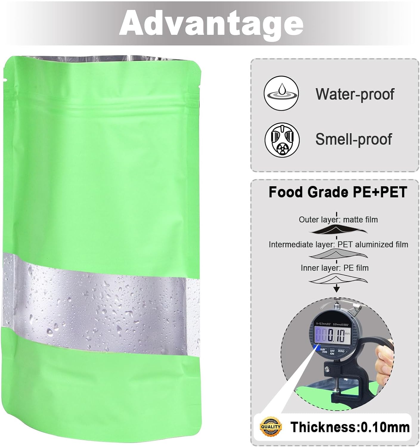 5.9"x8.6" 120pcs Mylar Bags for Food Storage,Smell Proof Bag with Matte Window Resealable Food Storage Bags for Small Business, Stand-up Foil Pouch Packaging Freeze Dried Candy Bag(Light Green)