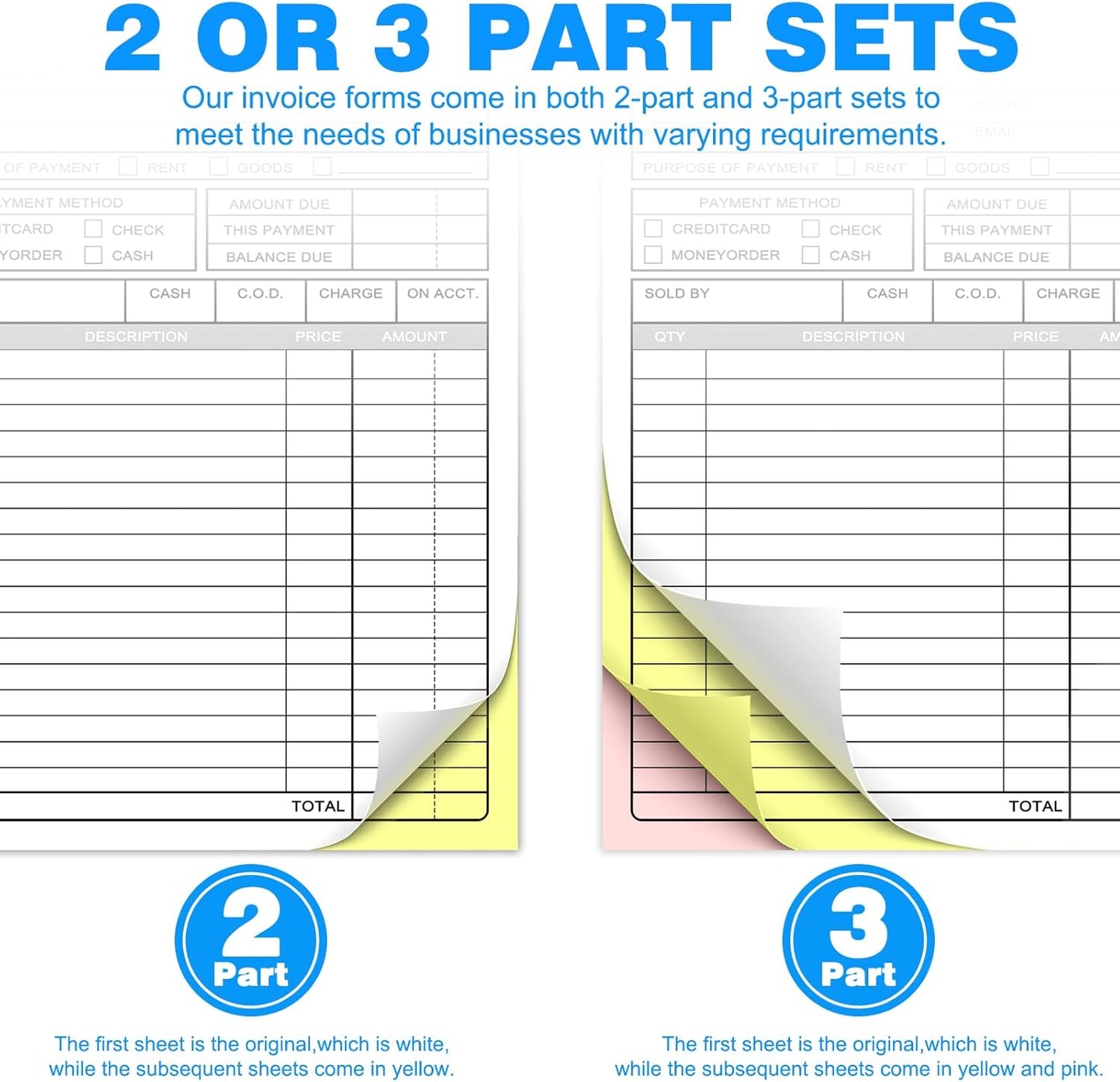 Custom Sales Invoice Personalized Carbonless NCR Forms with Company Name/Logo Personalized Invoice, Receipt Book, Work Sales Purchase Orders, Estimates, Quote Forms 4.25" x 7" - 3 Part(150 Sets)