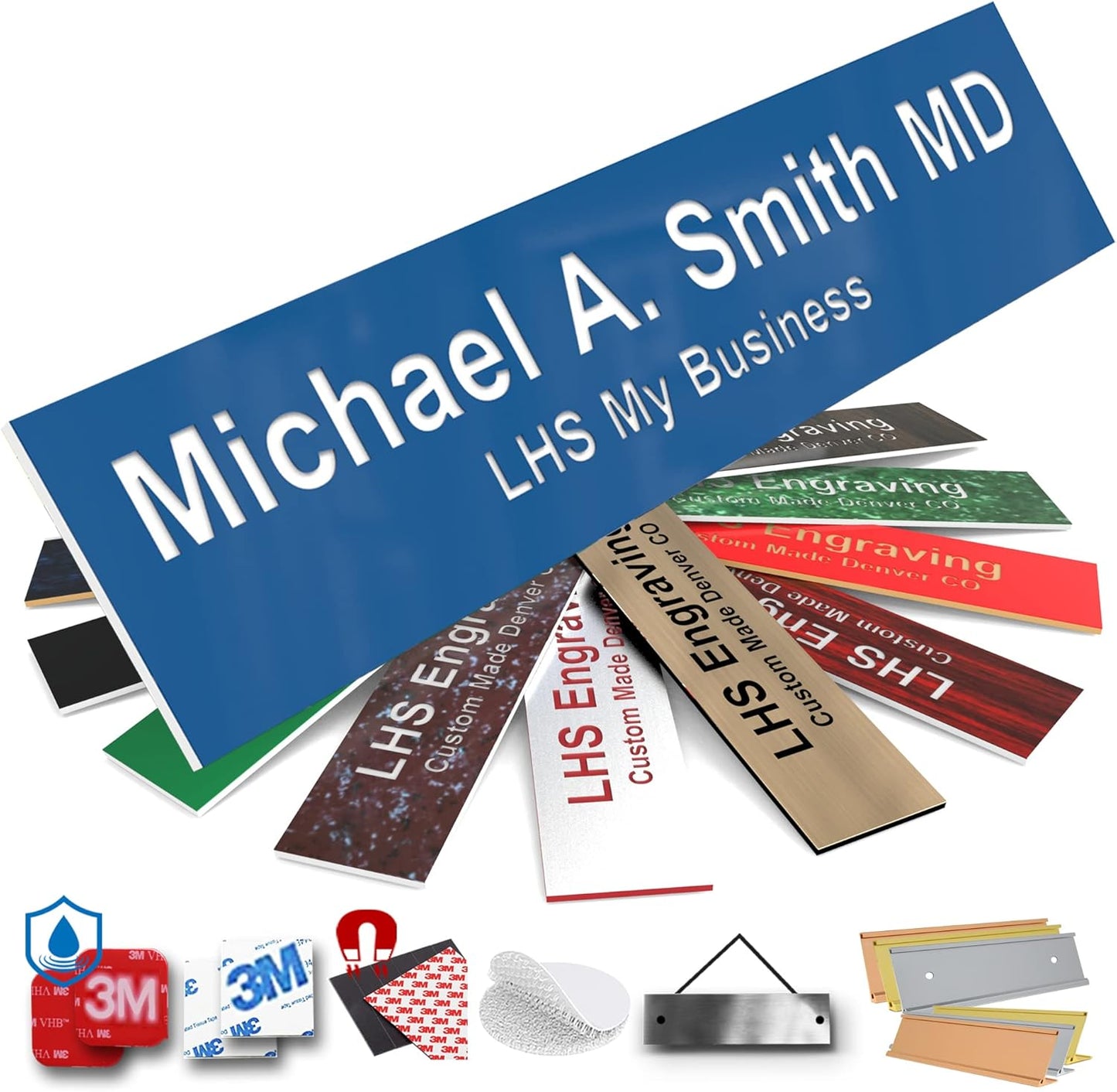 Engraved Name Plates for Door Sign Personalized Blue Plastic Plaque with White Letters - Made in USA 2x10 B9