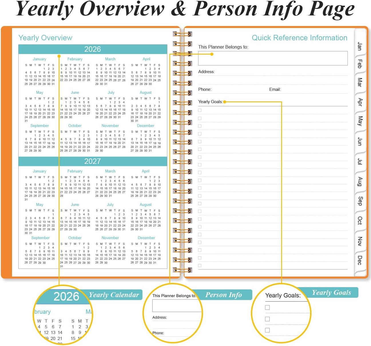 2026 Planner - Planner 2026 from January 2026 - December 2026, Weekly & Monthly Planner Spiral Bound with 12 Monthly Tabs, Inner Pocket, 6.4" x 8.5", Orange-A
