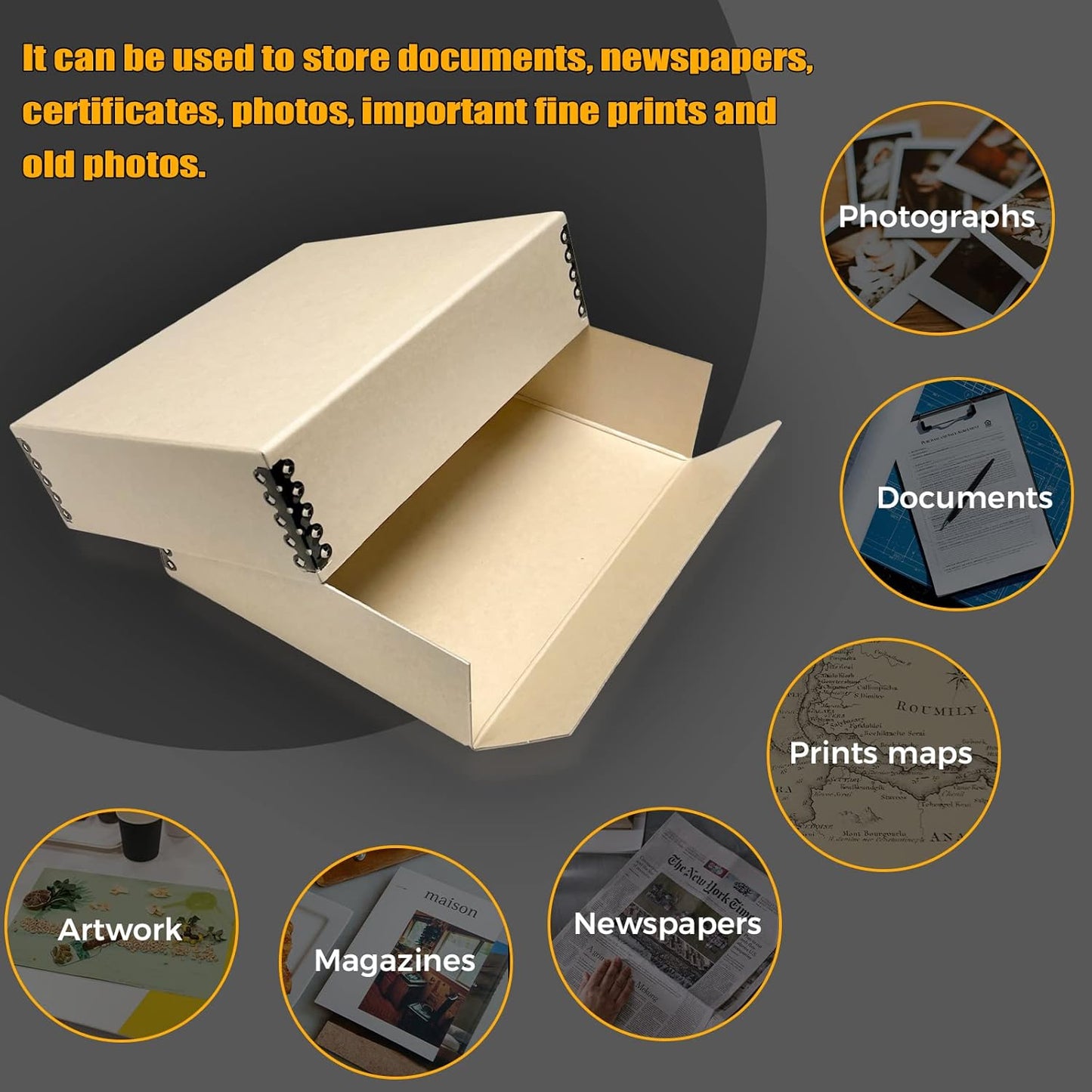 Golden State Art, Archival Storage Box, Acid-Free Drop Front Museum Box with Metal Edge for Storing Artwork Photos Documents Prints Arts And Crafts (Tan-8.75x10.75x3 Inches)