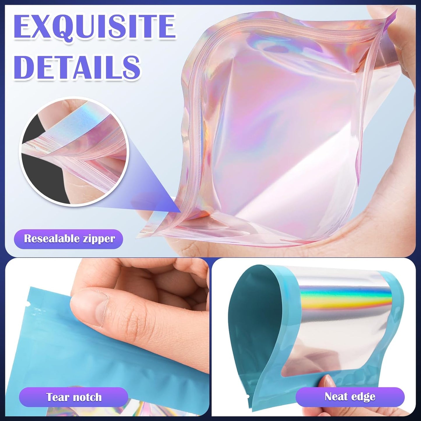 100 Pcs Mylar Bags, Smell Proof Bags Foil Pouch, Holographic Resealable Bags for Small Business, Candy Sample Jewelry Bag Sealable Packaging for Party Favor Food Storage (2.8x3.9in-Blue)