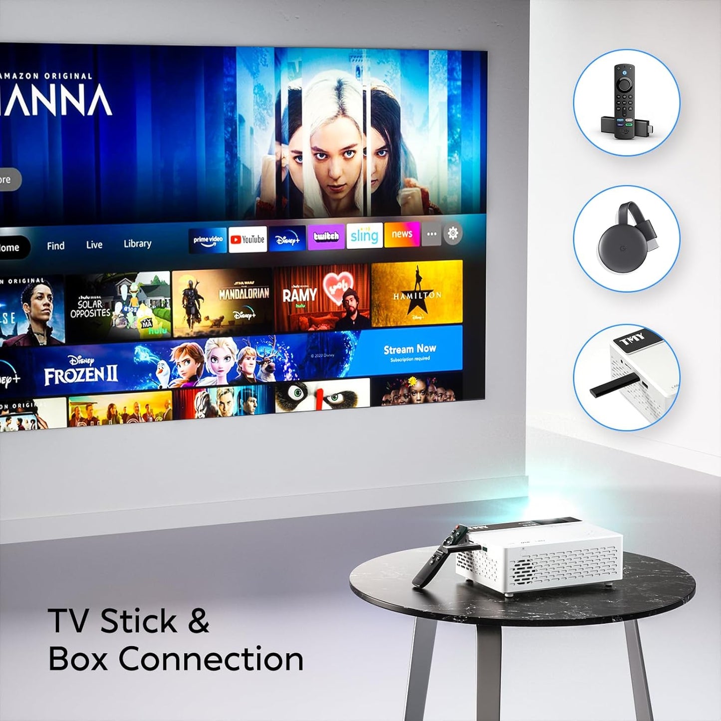TMY 1080P Full HD Portable Mini Projector, Upgraded Bluetooth Movie Projector with Screen, Compatible with TV Stick Smartphone/HDMI/USB, Indoor & Outdoor Use