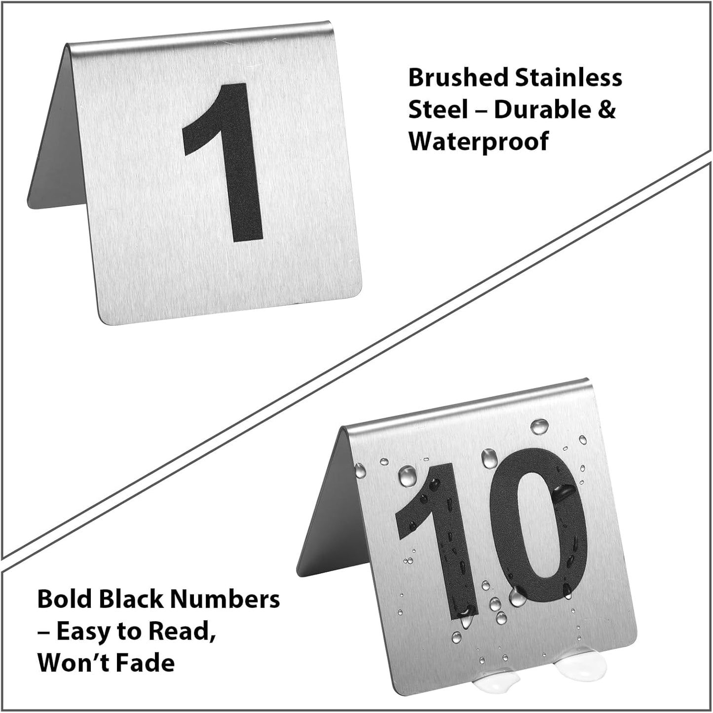 Stainless Steel Table Numbers 1-20, 2.76 x 2.76 Inch Tent Style Number Signs, Heavy-Duty Metal Table Number Cards for Restaurant, Cafe, Hotel, Large Clear Numbers, Waterproof and Rustproof