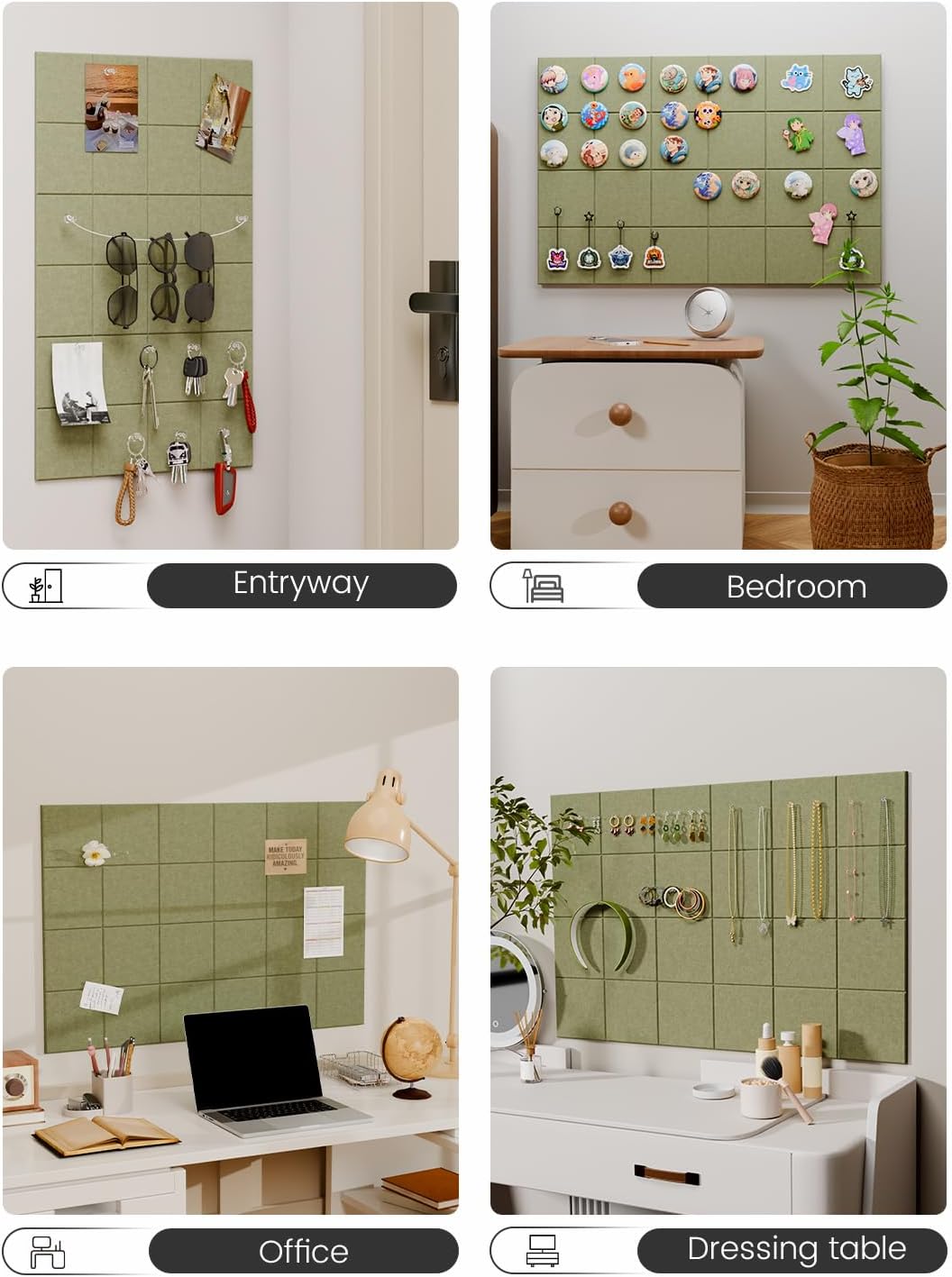 Felt Bulletin Board Tiles -28"x18" Cork Board Alternative for Office Decor, Push Pin Board Wall Organizer 6-Pack-Olive Green