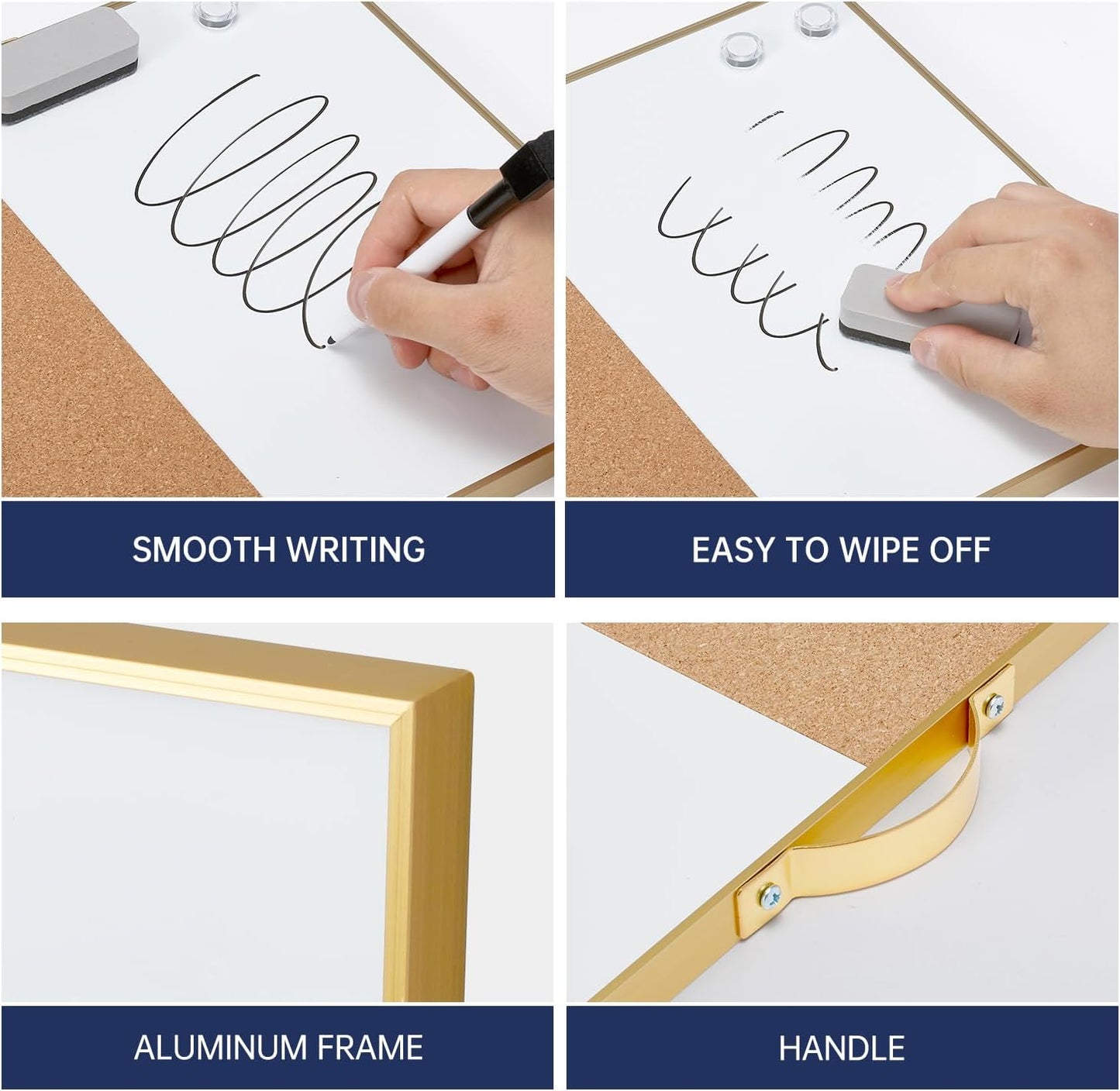 TSJ OFFICE Small Combination Board - 12" X 16" Portable Aluminum Gold Framed Magnetic Dry Erase Board for Wall, Small Bulletin Cork Board with Holder for Office, Home and School