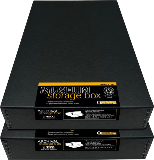 Lineco Museum Archival Storage Box, 11.75x18.25x3 in. Drop Front Design. Acid-Free with Metal Edge. Organize Photos, Pictures, Prints, Documents, Crafts, DIY. Black, 2Pack