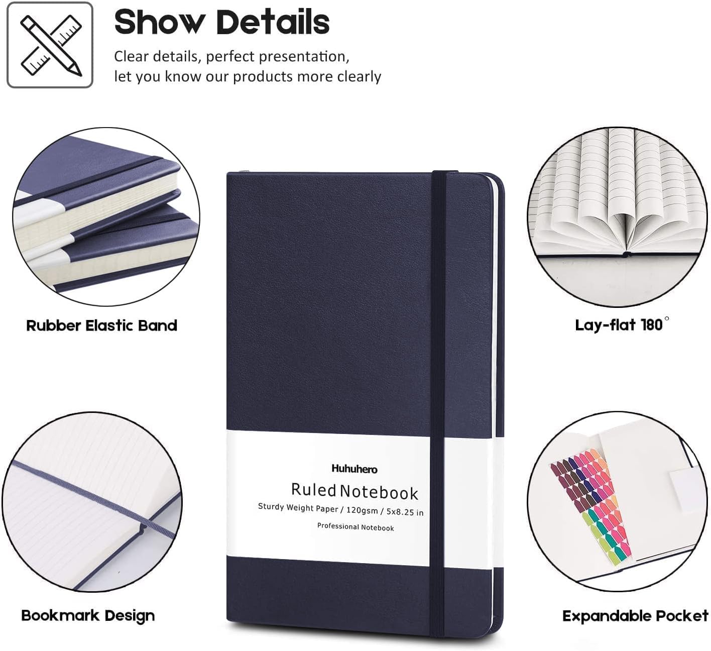 Huhuhero Notebooks Journal, Ruled Notebook, Premium Thick Paper Lined Journal, Black Hardcover Notebook for Office Home School Business Writing Note Taking Journaling, 5"×8.25" (5, Navy Blue)