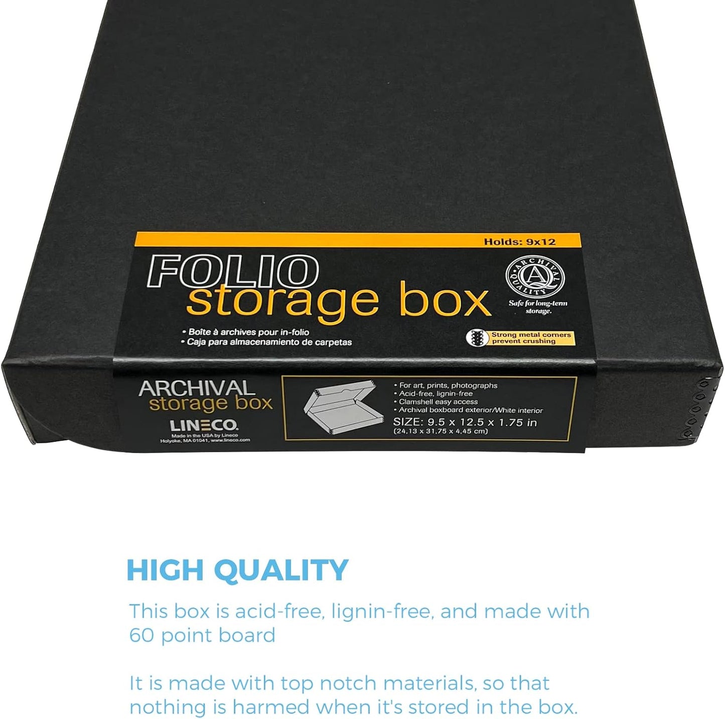 Lineco Archival Folio Storage Box. Metal Edge Archival Boxboard, Clamshell Lid. 9.5 x 12.5 x 1.75 inches.