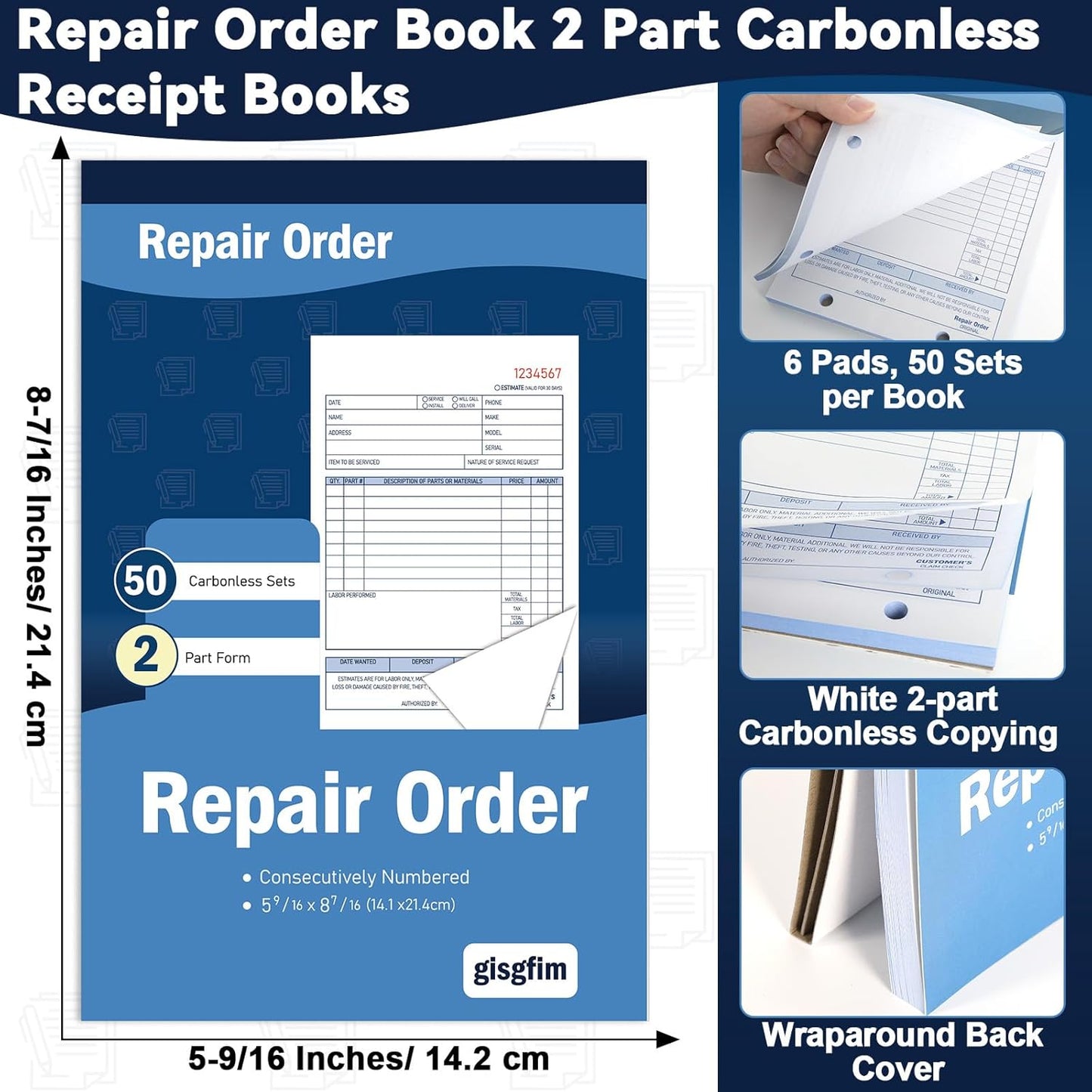 gisgfim 6 Pad Repair Order Book 2 Part Carbonless Receipt Books Consecutively Numbered with Claim Check Stub Invoice Receipts Book Work Order Form Receipt Book Orders for Small Business 50 Set per Pad