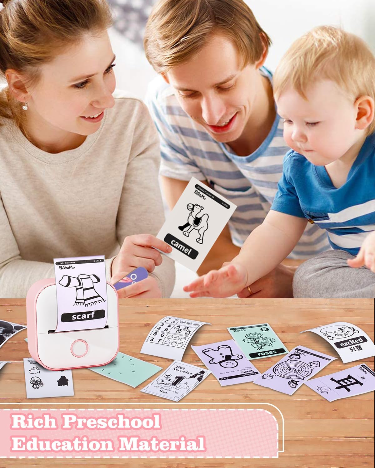 Memoking Mini Sticker Printer - T02 Mini Thermal Printer Wireless Inkless Label Maker Portable Sticker Maker for Student Birthday Gift, Compatible with iOS & Android, Pink