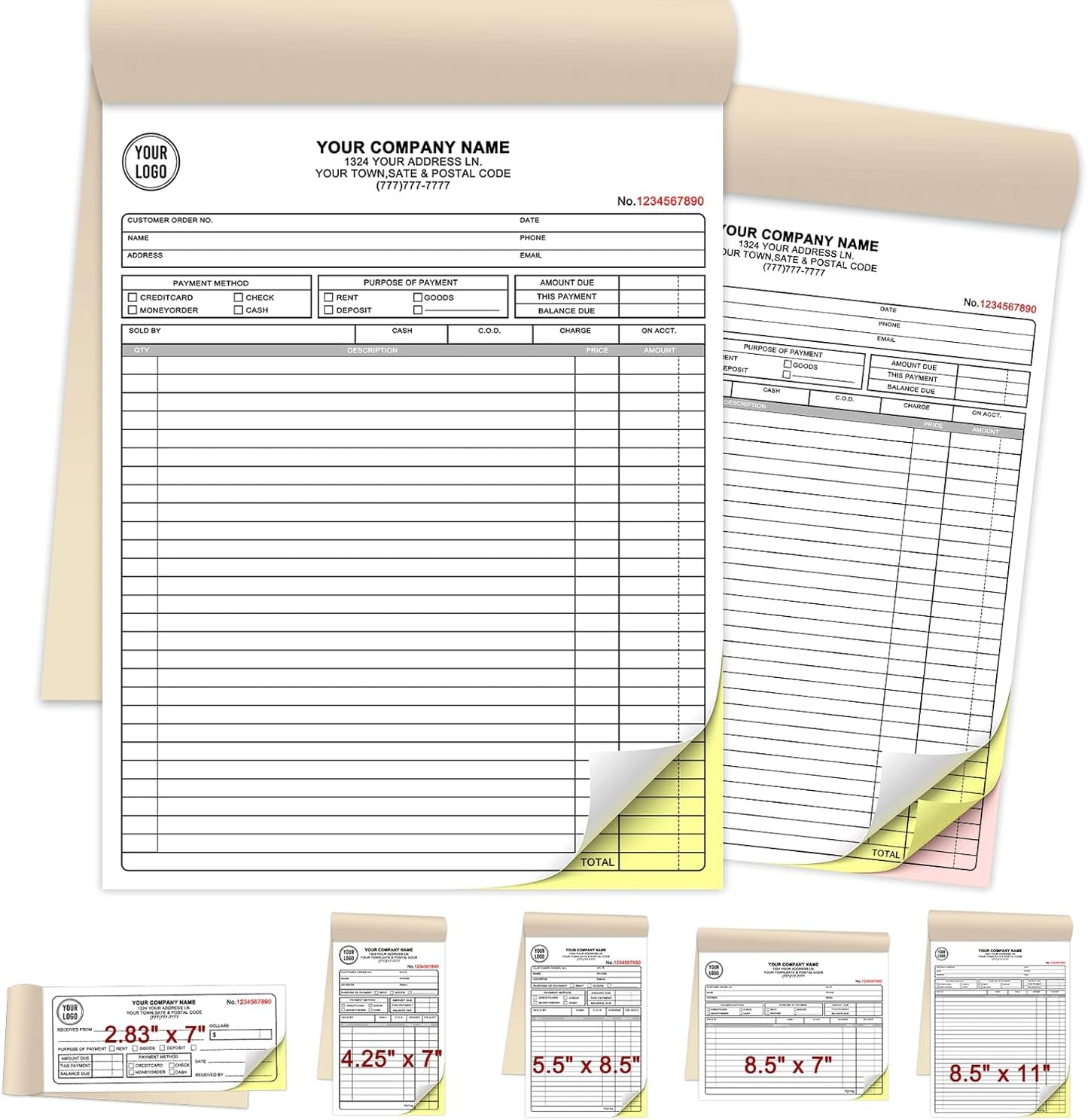 Custom Invoices Receipt Book for Small Business Personalized 2-Part Duplicate Carbonless Logo Receipt Books Sales Payment Forms with Company Name Address Phone Number 100 Sets 8.5" x 11"