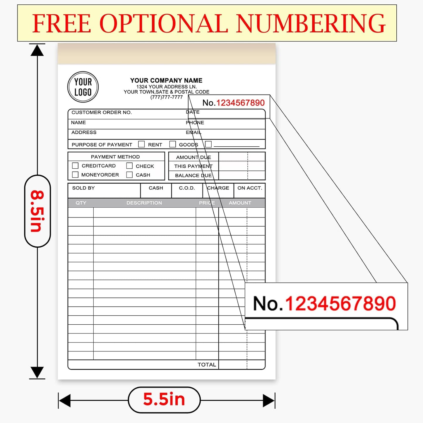 Custom Invoice Book for Small Business,5.5 x 8.5 Inches Invoice Receipt Book, 2-Part Carbonless Forms, Personalized Company Name, Address, Phone Number
