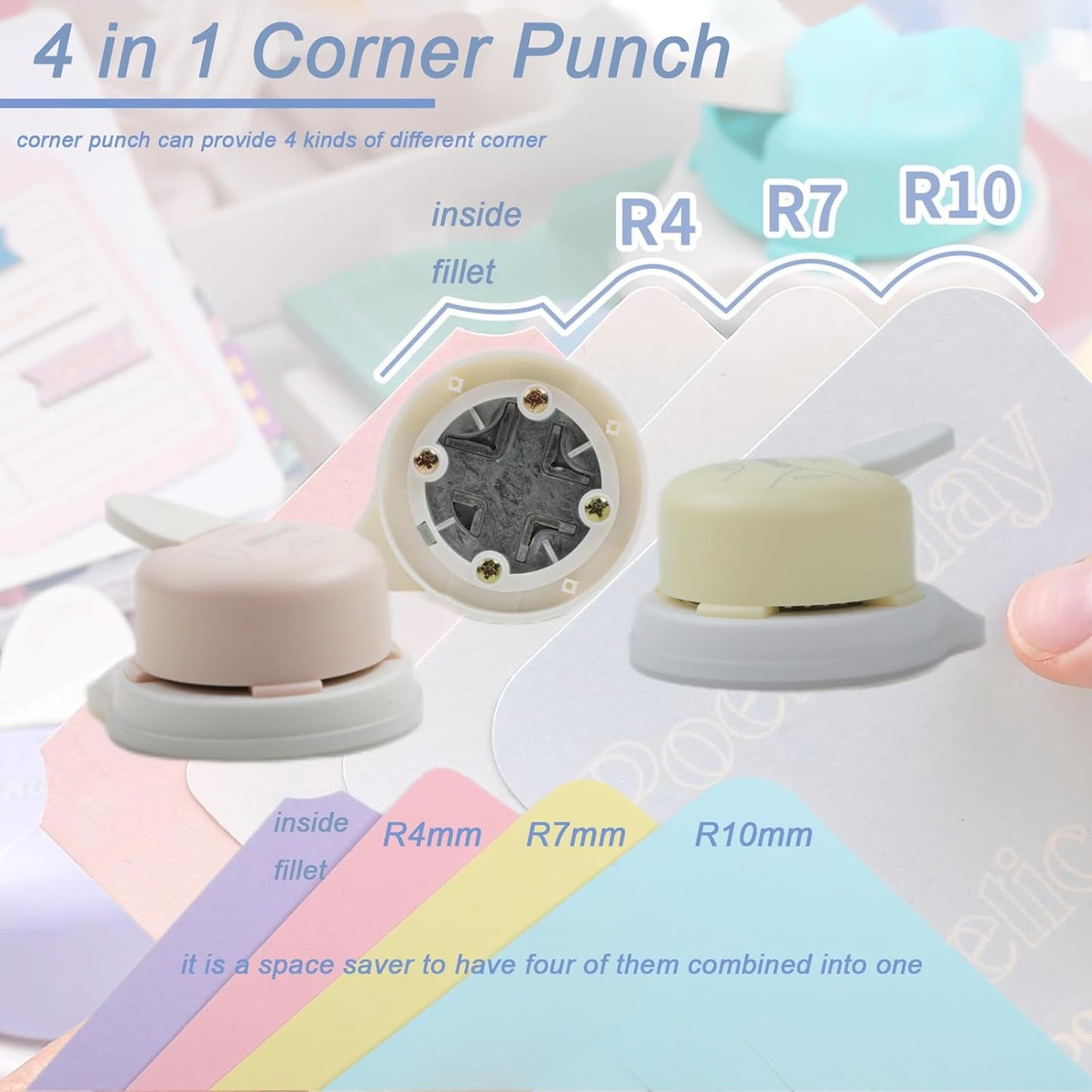 Corner Punch 4 in 1 Corner Rounder Punch (R4+R7+R10+Inside Corner) Corner Cutter for DIY Scrapbooking Photo Tags (Yellow)