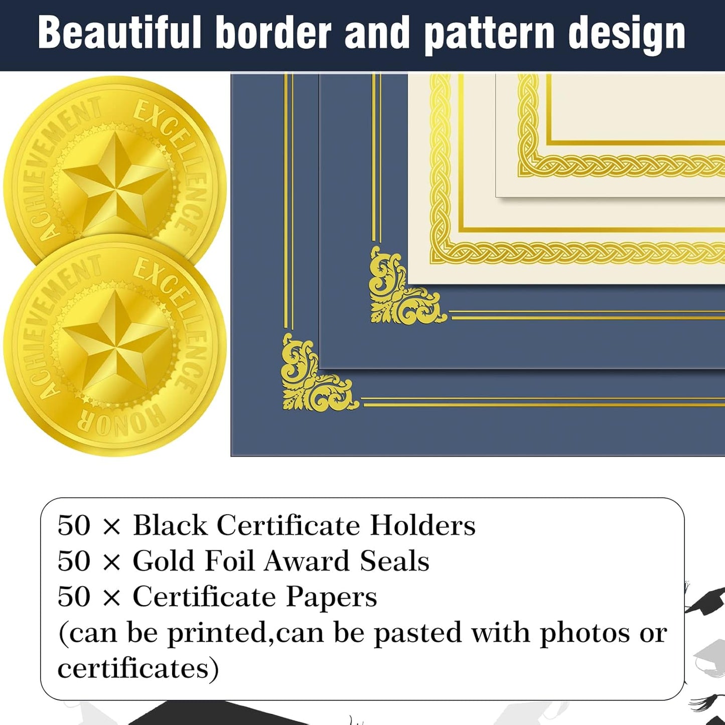 150 Pcs Certificate Kit Include 50 Pcs Certificate Holders Diploma Covers 50 Pcs Certificate Paper with Gold Foil Border and 50 Pcs Embossed Certificate Seal for Graduation, Achievement (Blue)